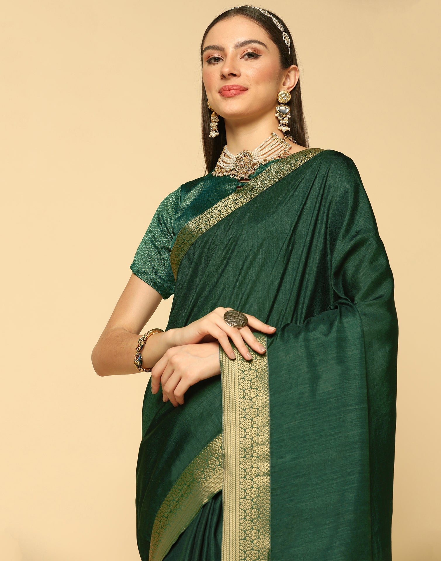 Dark Green Plain Silk Saree | Sudathi