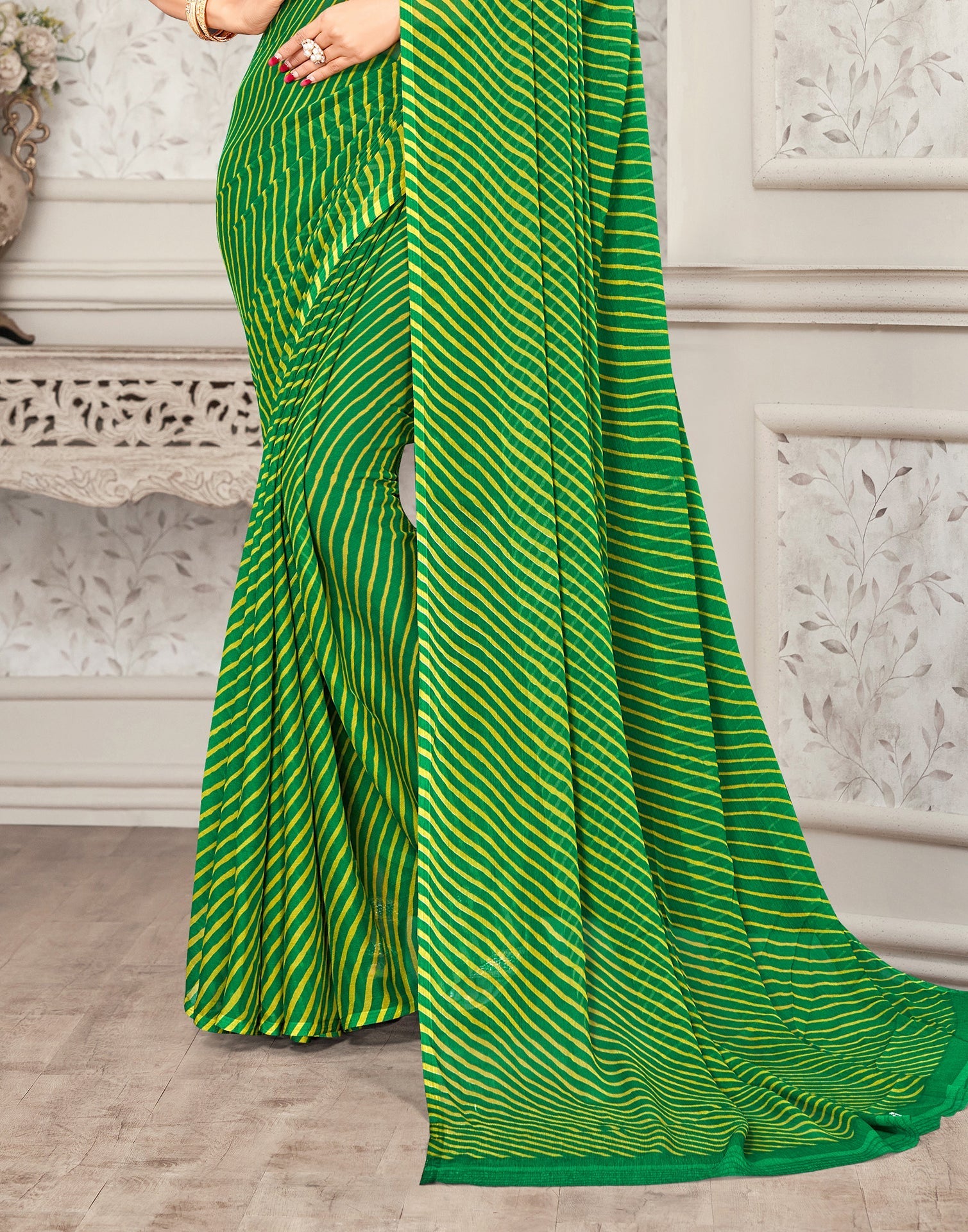 Green Yellow Printed Chiffon Saree | Sudathi
