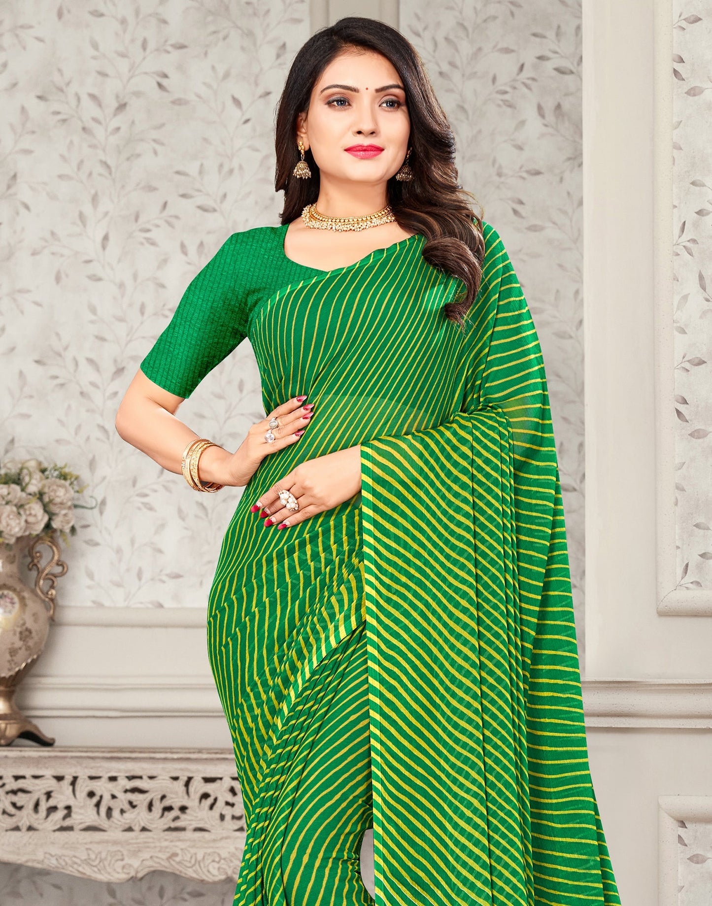 Green Yellow Printed Chiffon Saree | Sudathi