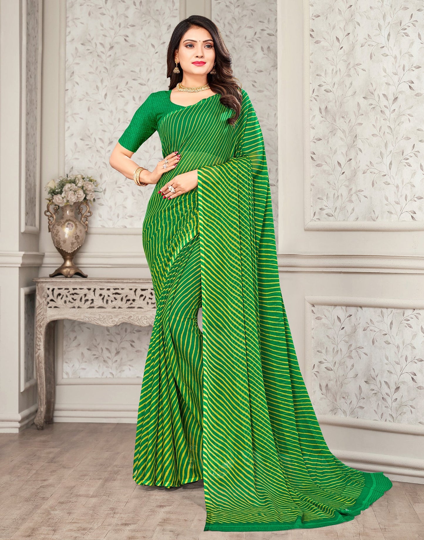 Green Yellow Printed Chiffon Saree | Sudathi
