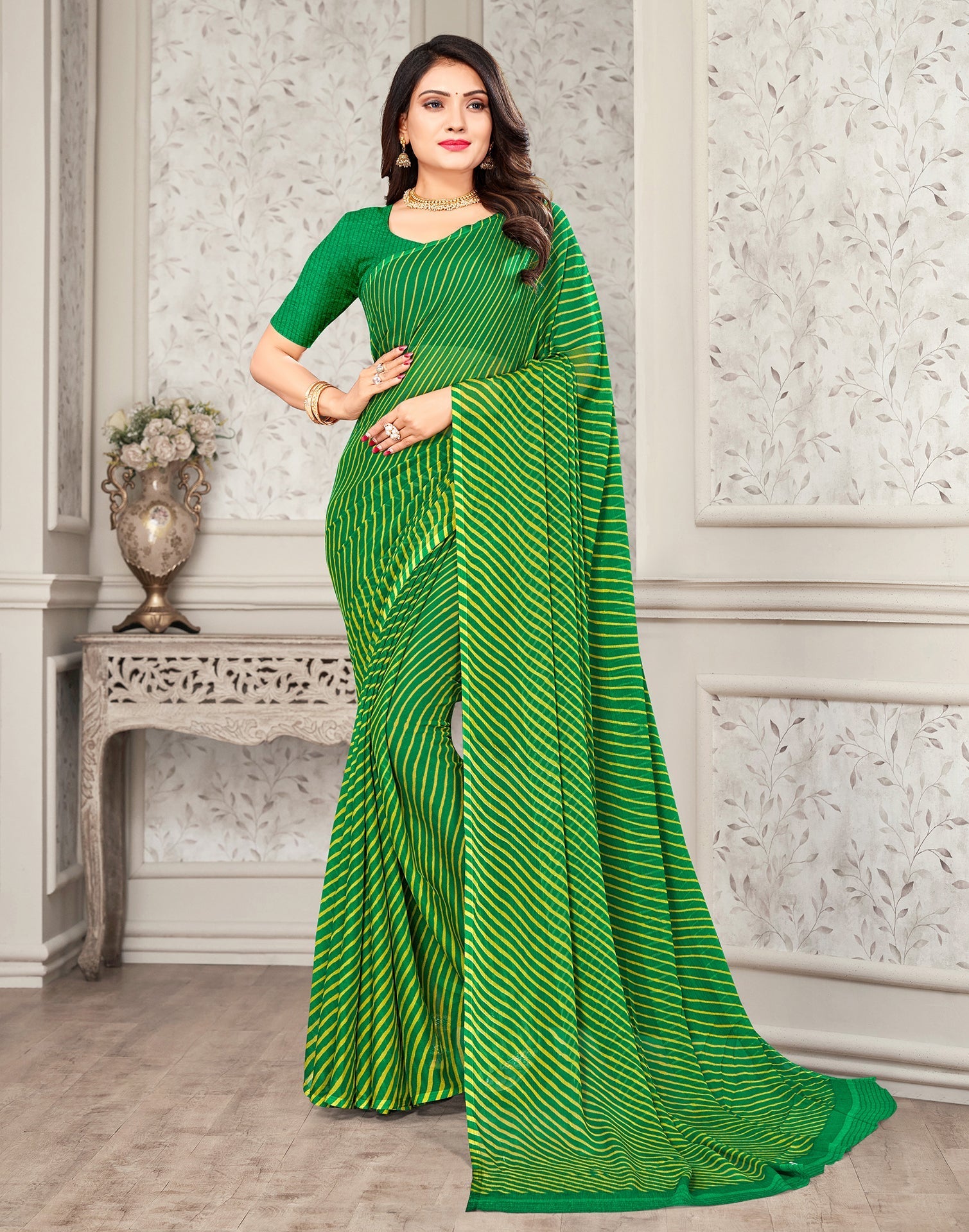 Green Yellow Printed Chiffon Saree | Sudathi