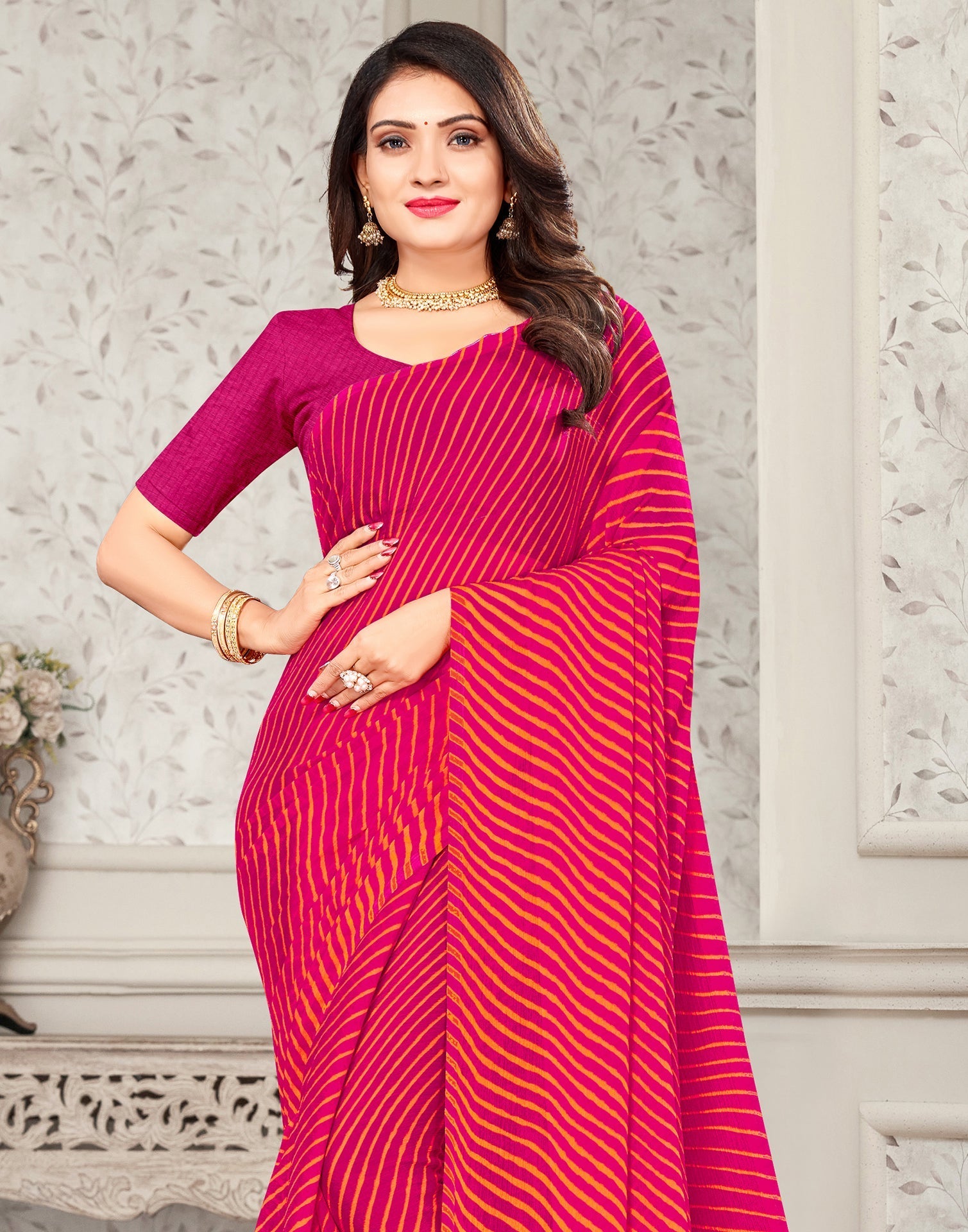 Rani Pink Printed Chiffon Saree | Leemboodi