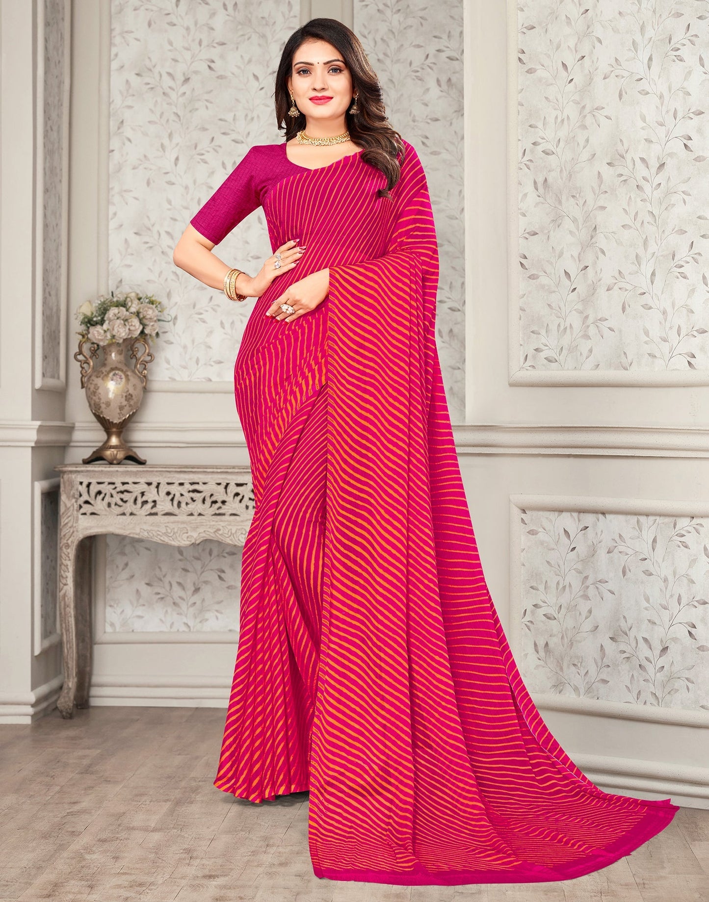 Rani Pink Printed Chiffon Saree | Leemboodi