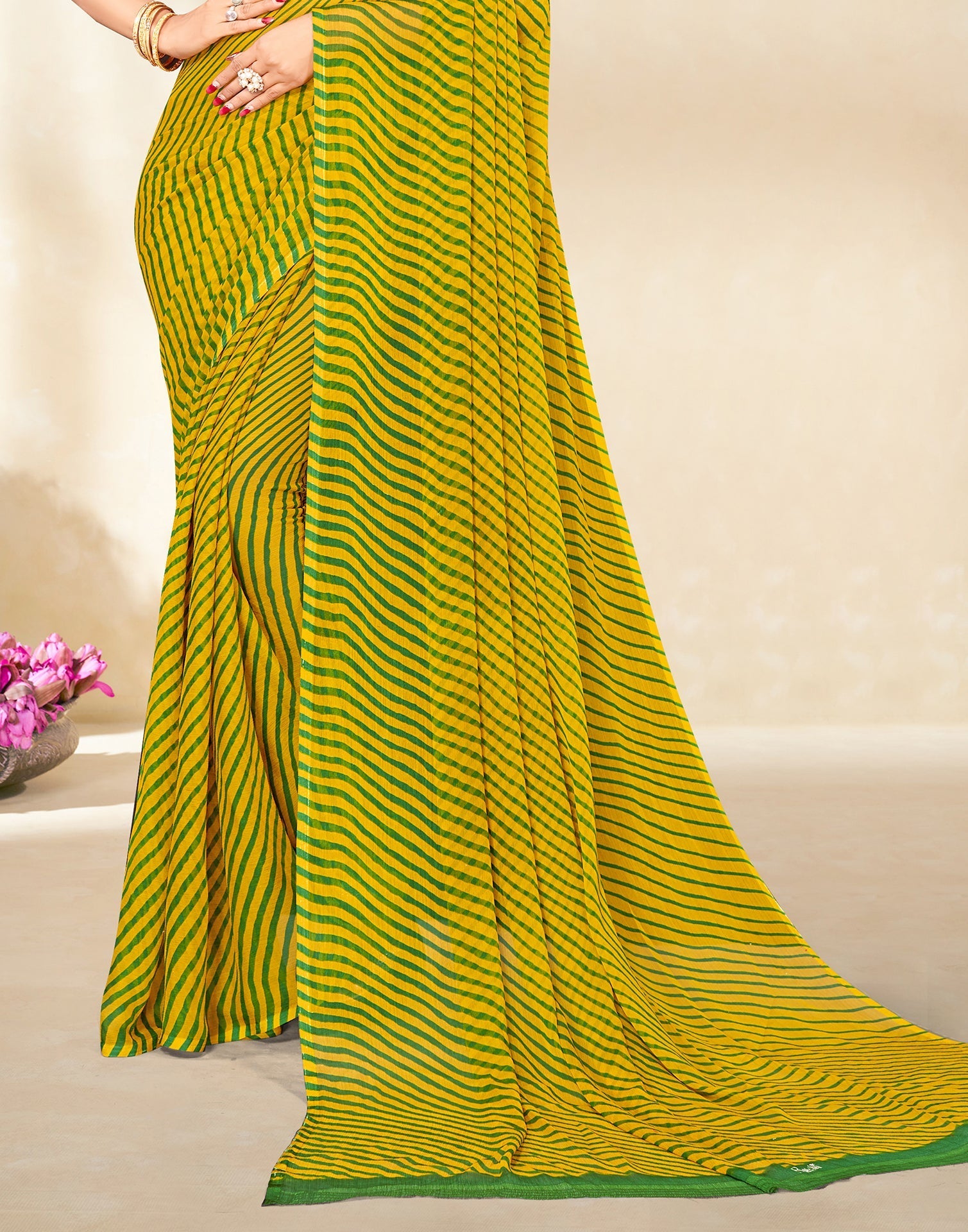 Yellow Printed Chiffon Saree | Leemboodi