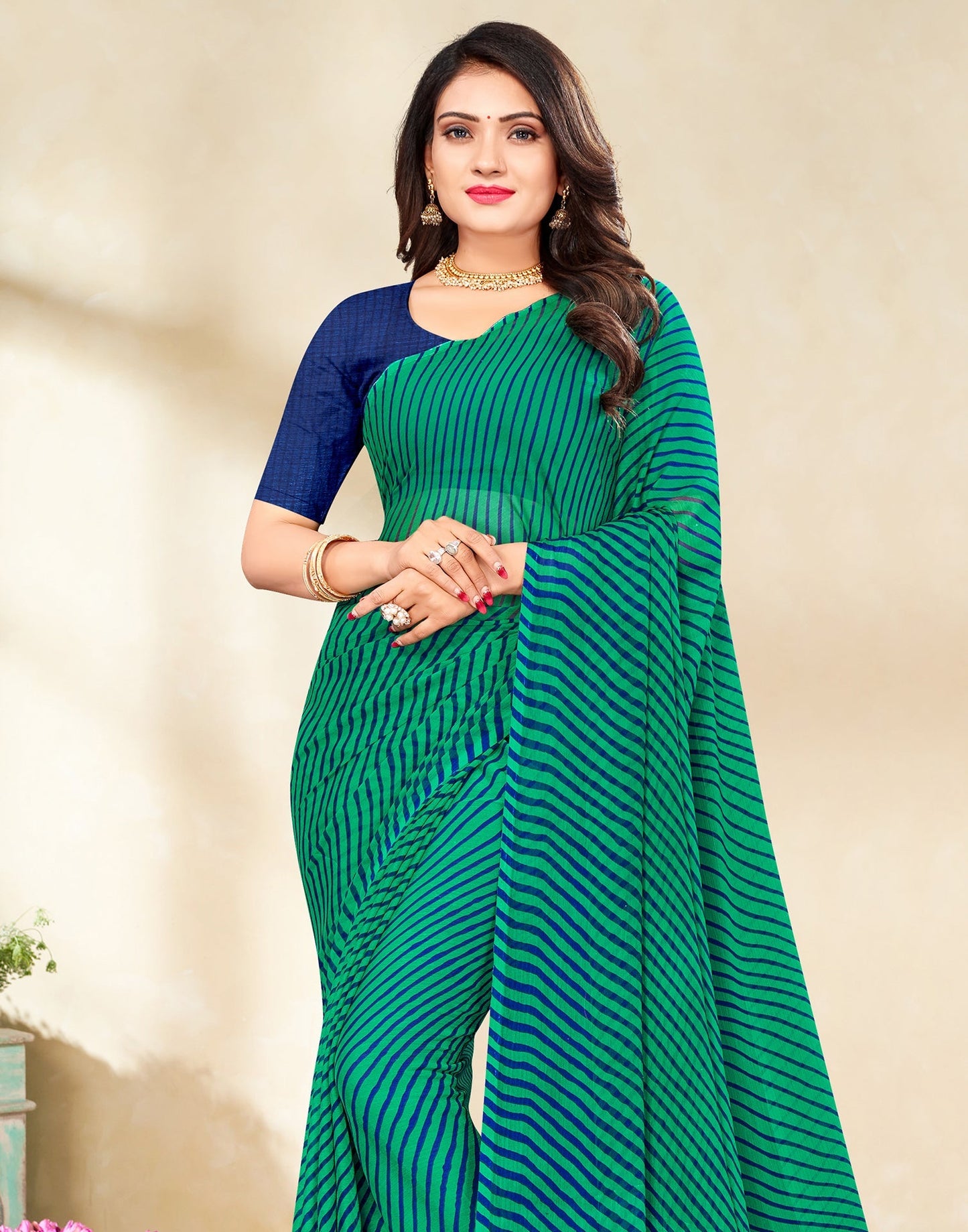 Rama Green Printed Chiffon Saree | Leemboodi