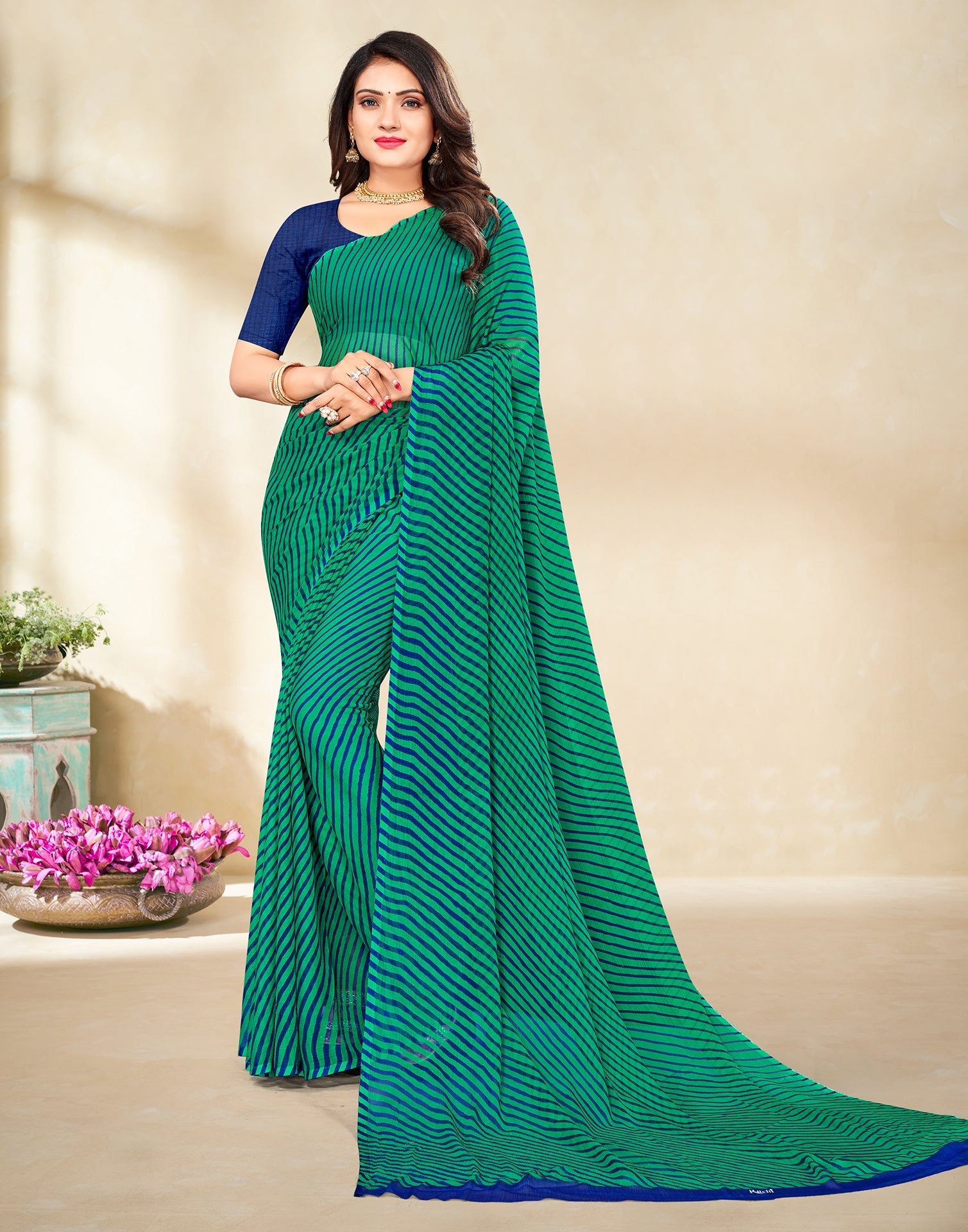 Rama Green Printed Chiffon Saree | Leemboodi