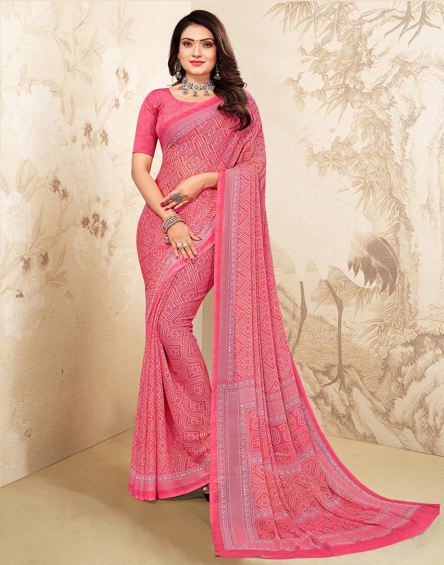 Light Pink Bandhani Chiffon Saree | Leemboodi
