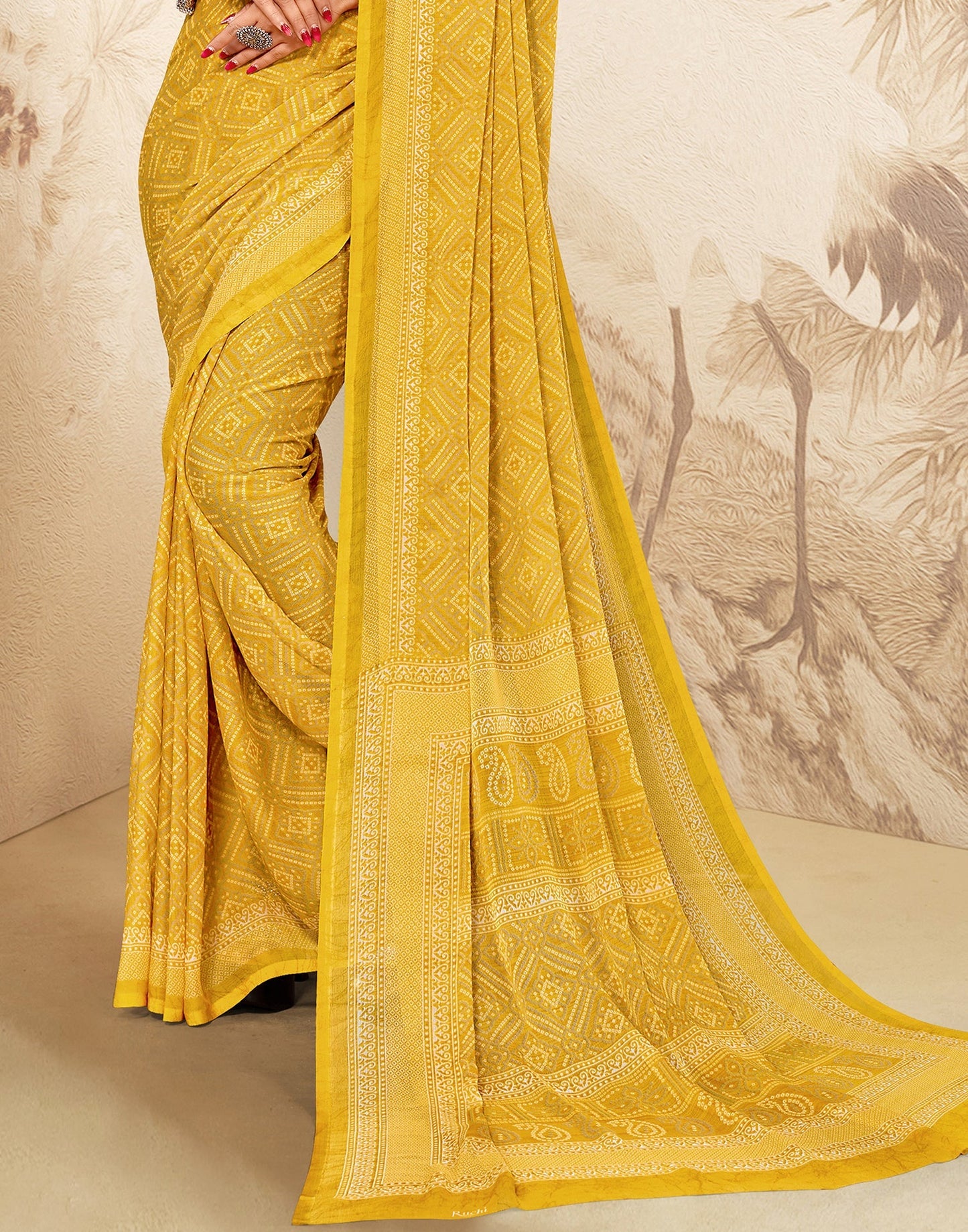 Mustard Yellow Bandhani Chiffon Saree | Leemboodi