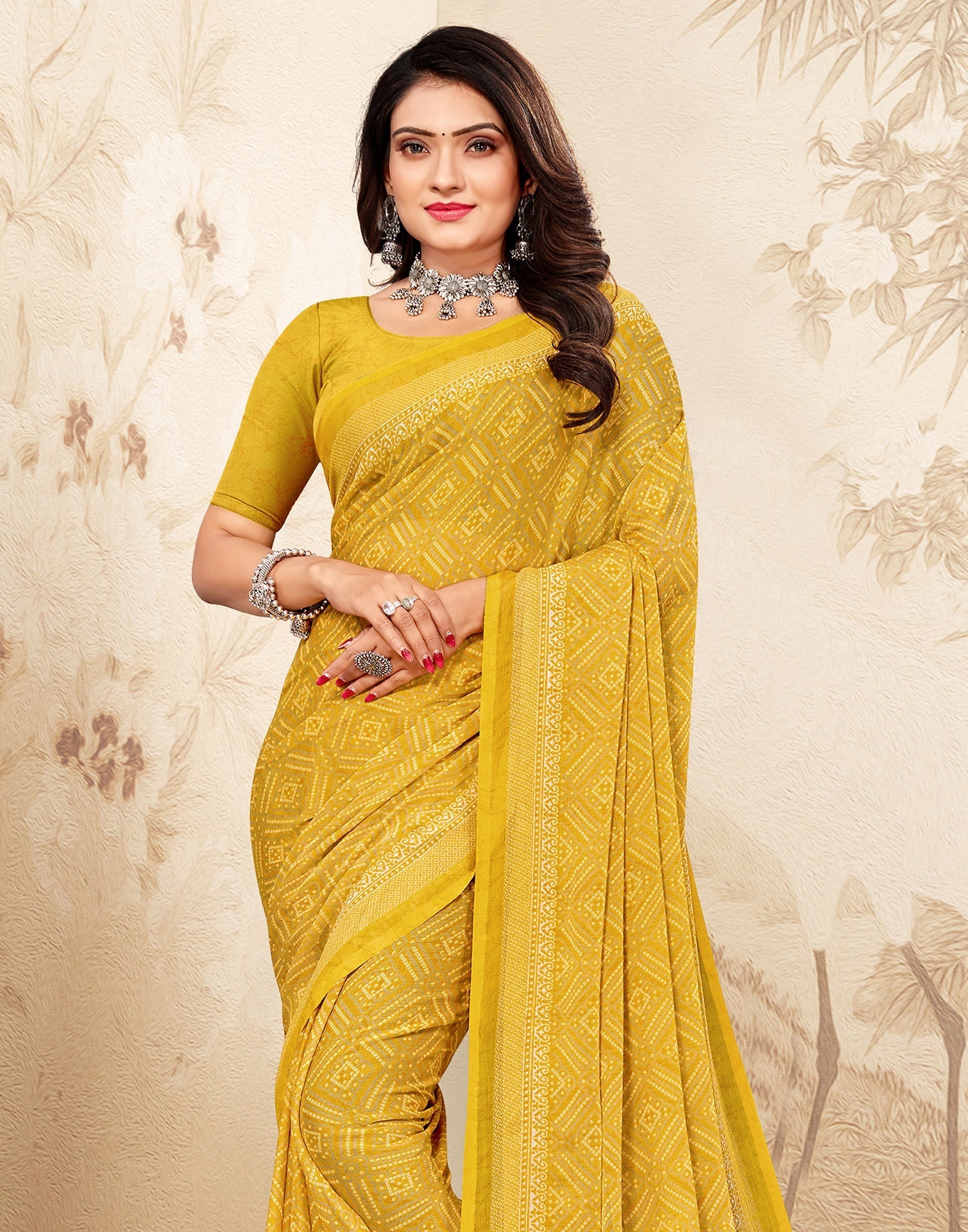 Mustard Yellow Bandhani Chiffon Saree | Leemboodi