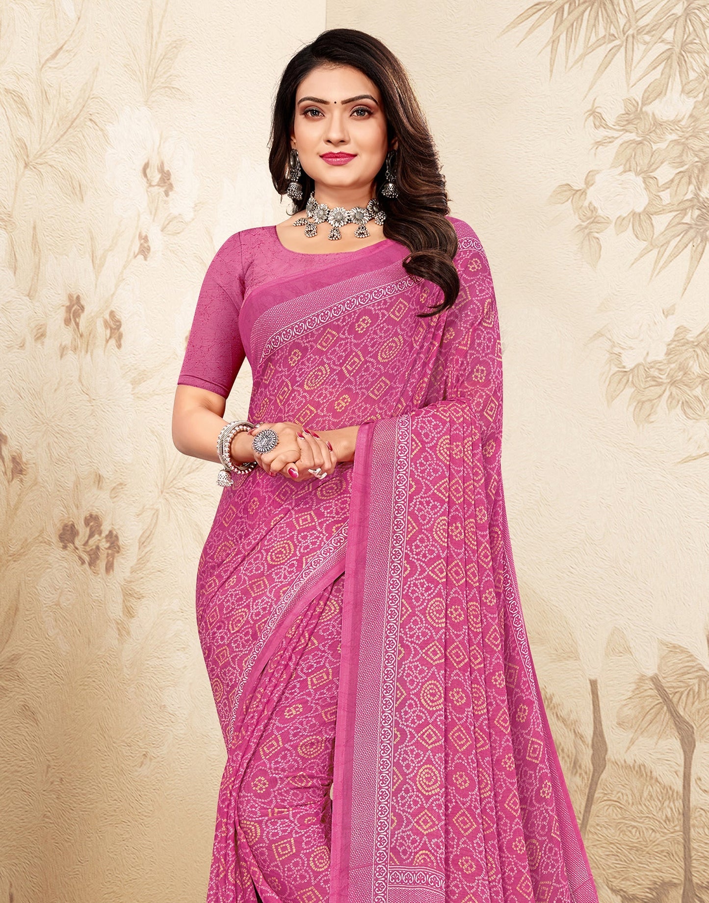 Pink Bandhani Chiffon Saree | Leemboodi