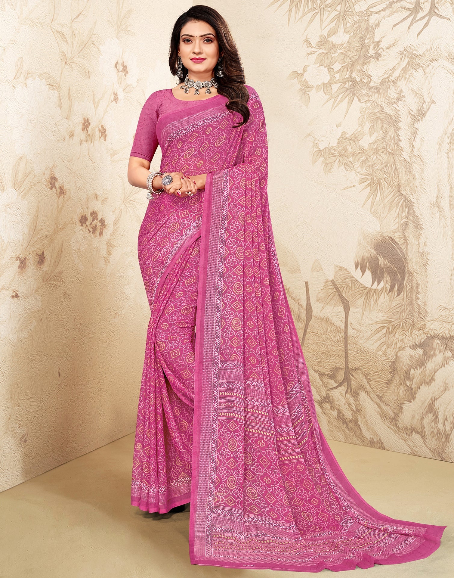 Pink Bandhani Chiffon Saree | Leemboodi