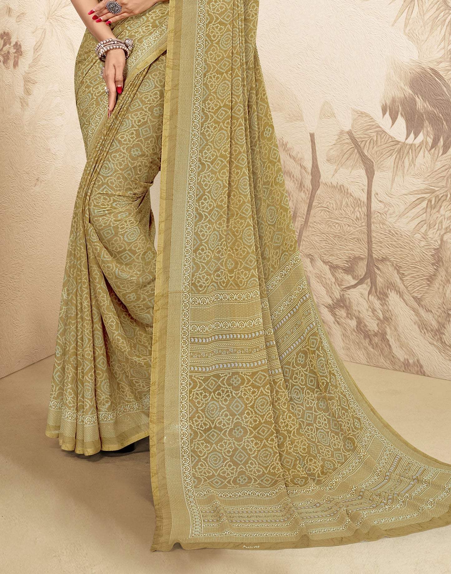 Olive Green Bandhani Chiffon Saree | Leemboodi