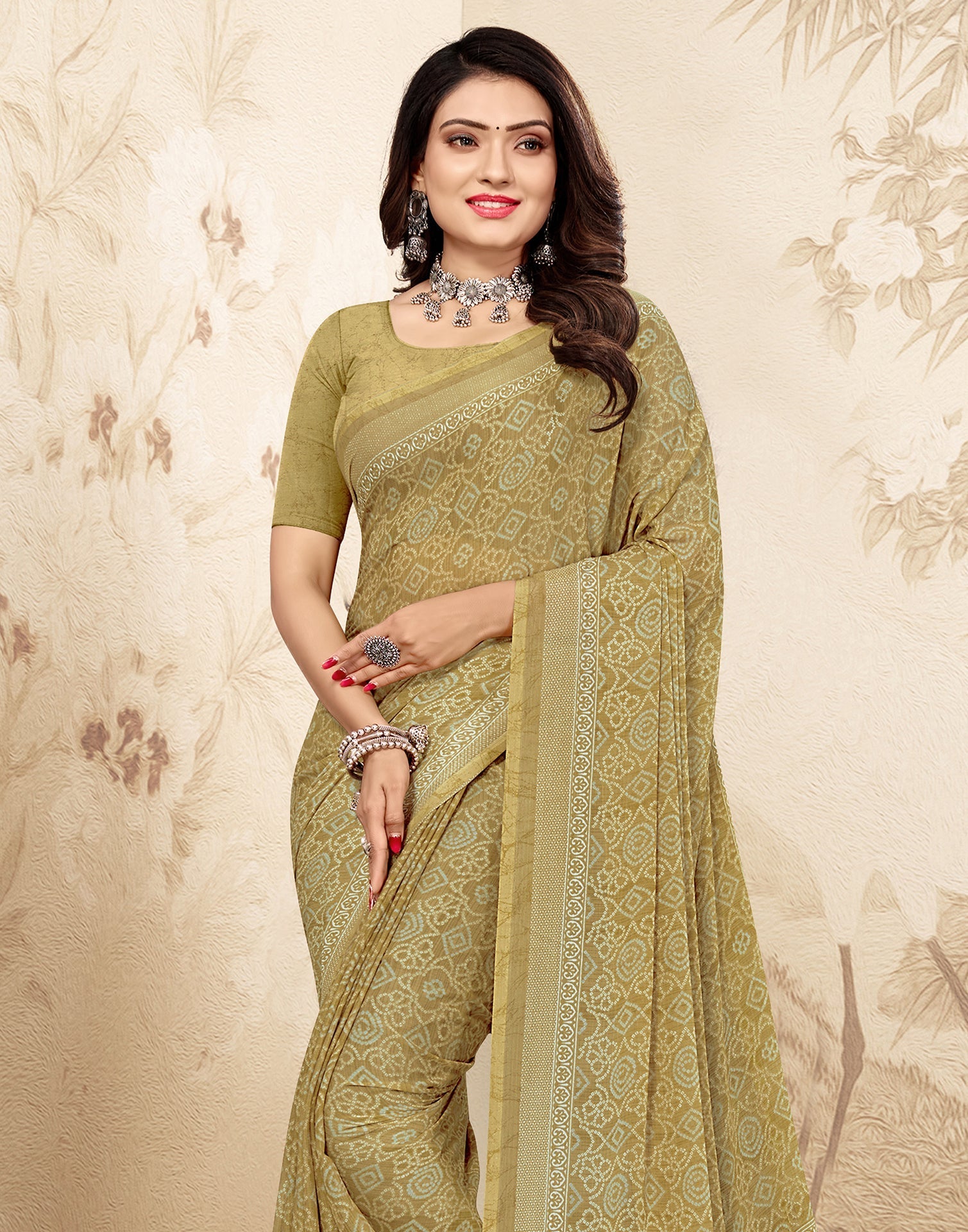 Olive Green Bandhani Chiffon Saree | Leemboodi