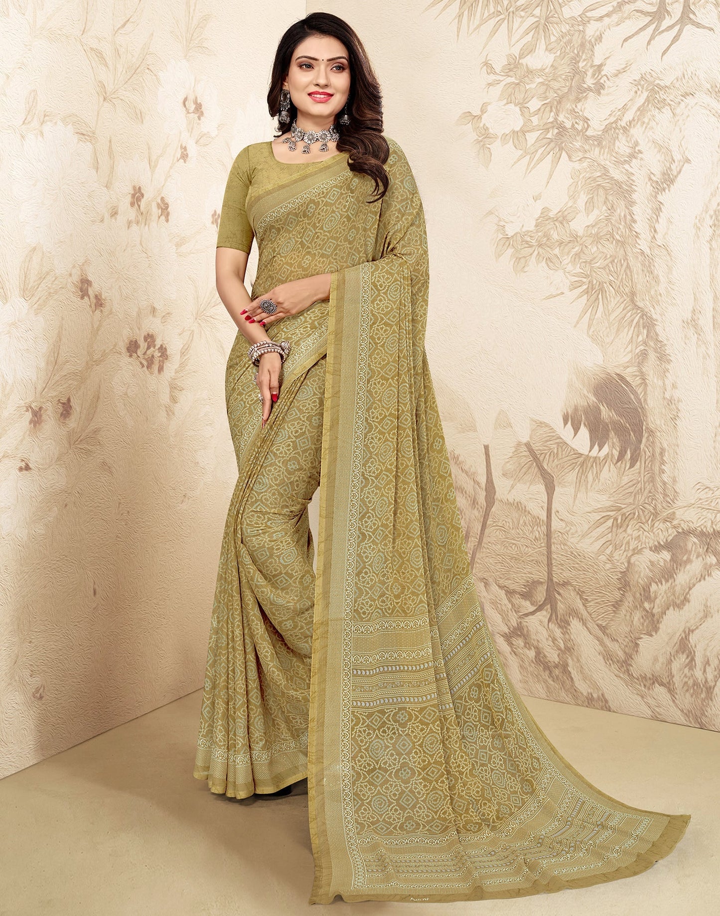 Olive Green Bandhani Chiffon Saree | Leemboodi