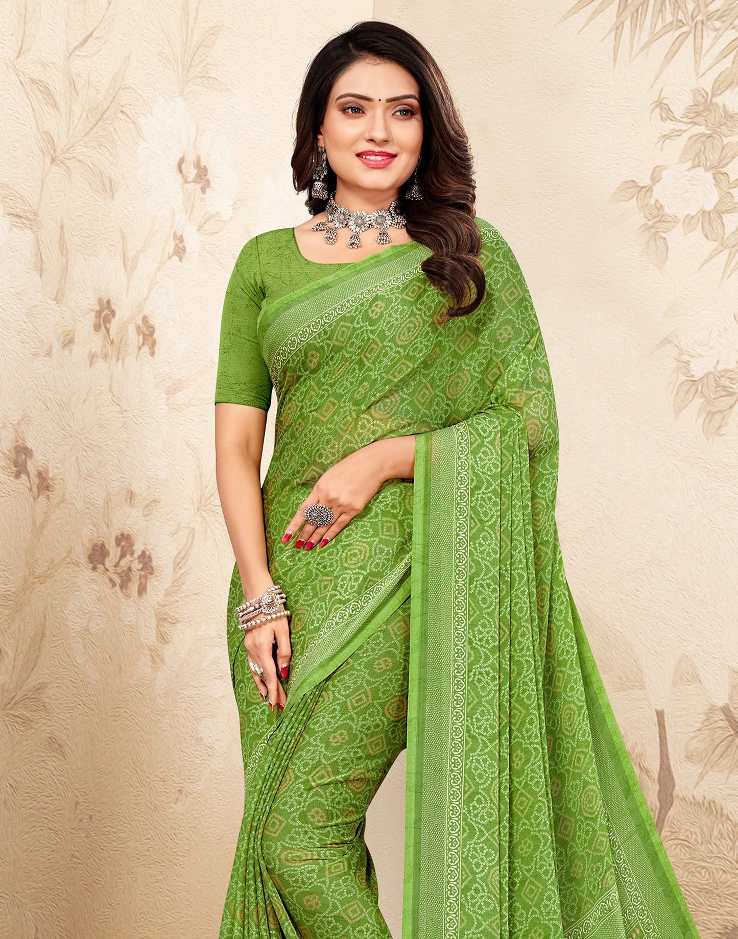 Light Green Bandhani Chiffon Saree | Leemboodi