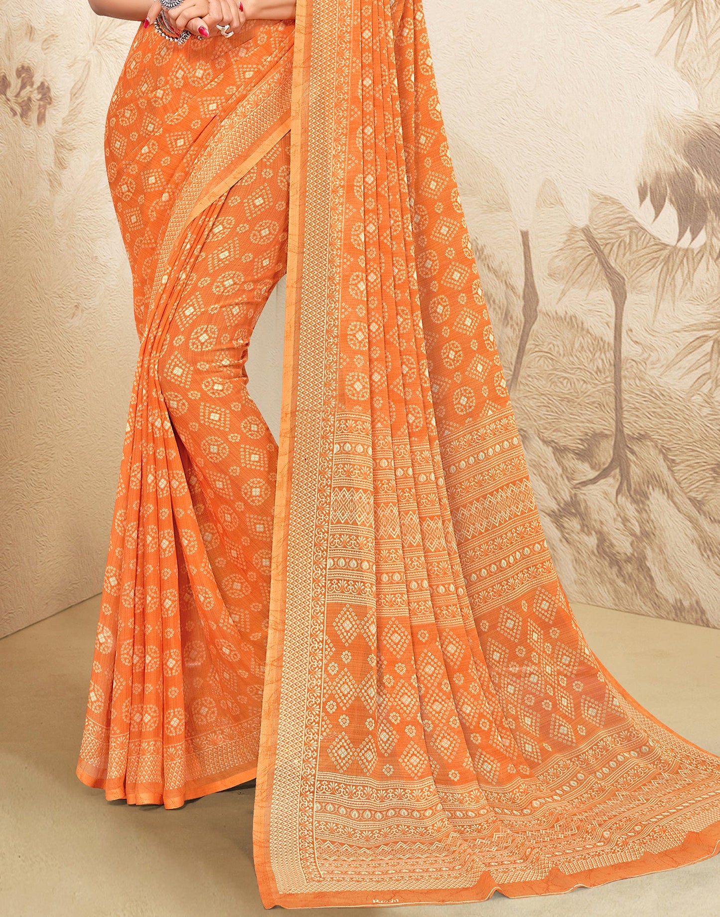 Orange Chiffon Bandhani Printed Saree