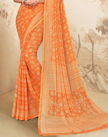 Orange Chiffon Bandhani Printed Saree