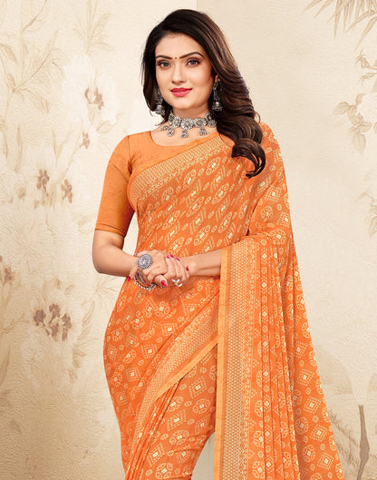 Orange Chiffon Bandhani Printed Saree