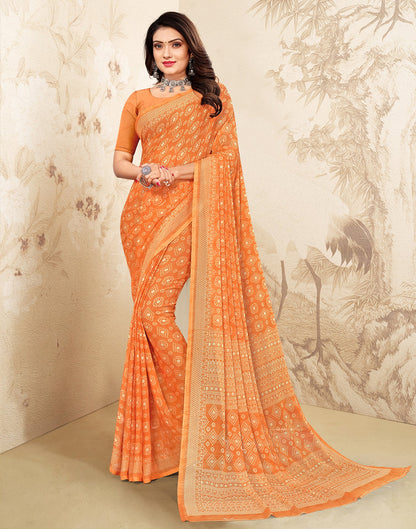 Orange Chiffon Bandhani Printed Saree