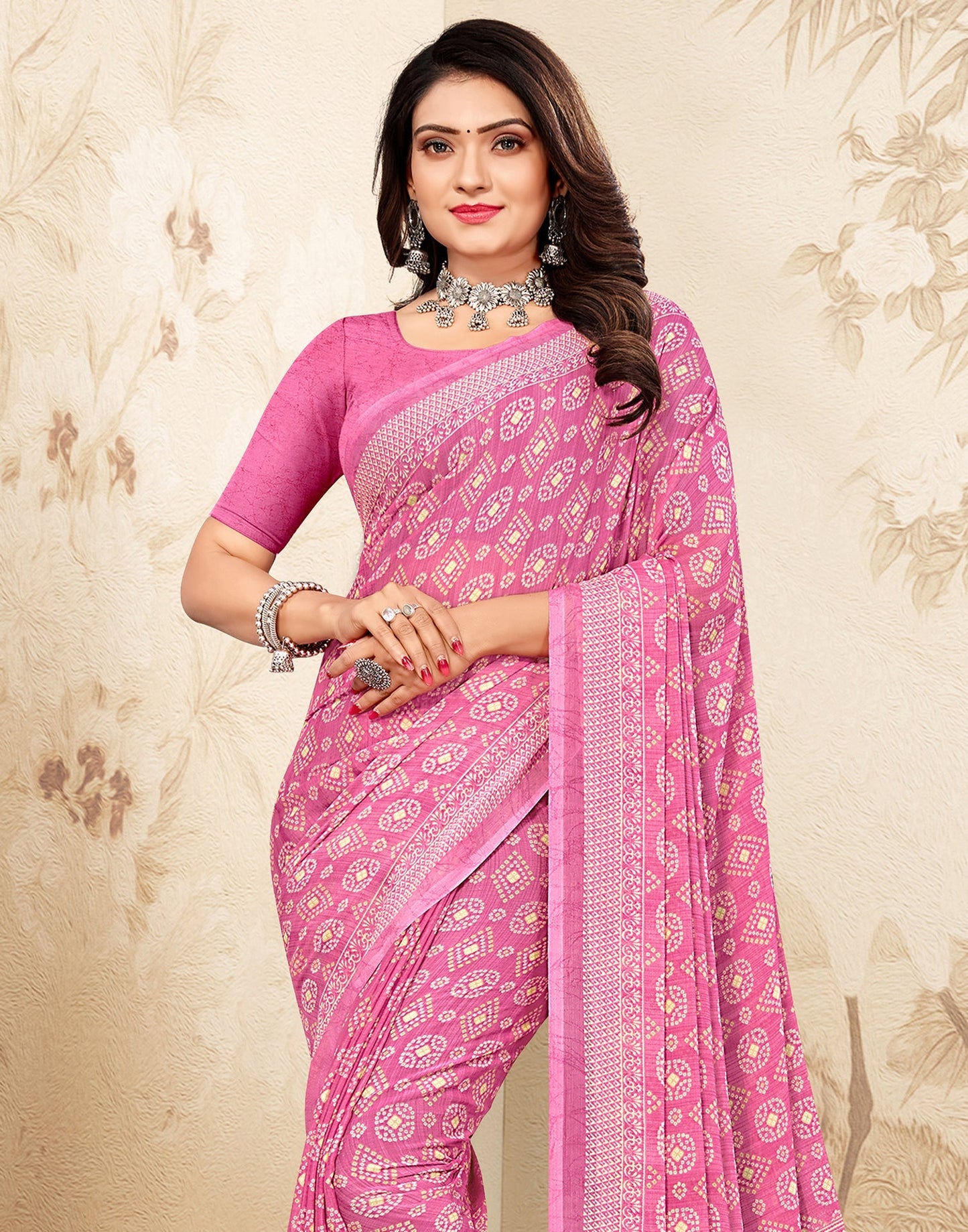 Light Pink Bandhani Chiffon Saree | Leemboodi