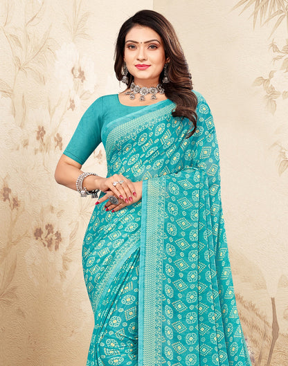 Turquoise Bandhani Chiffon Saree | Leemboodi