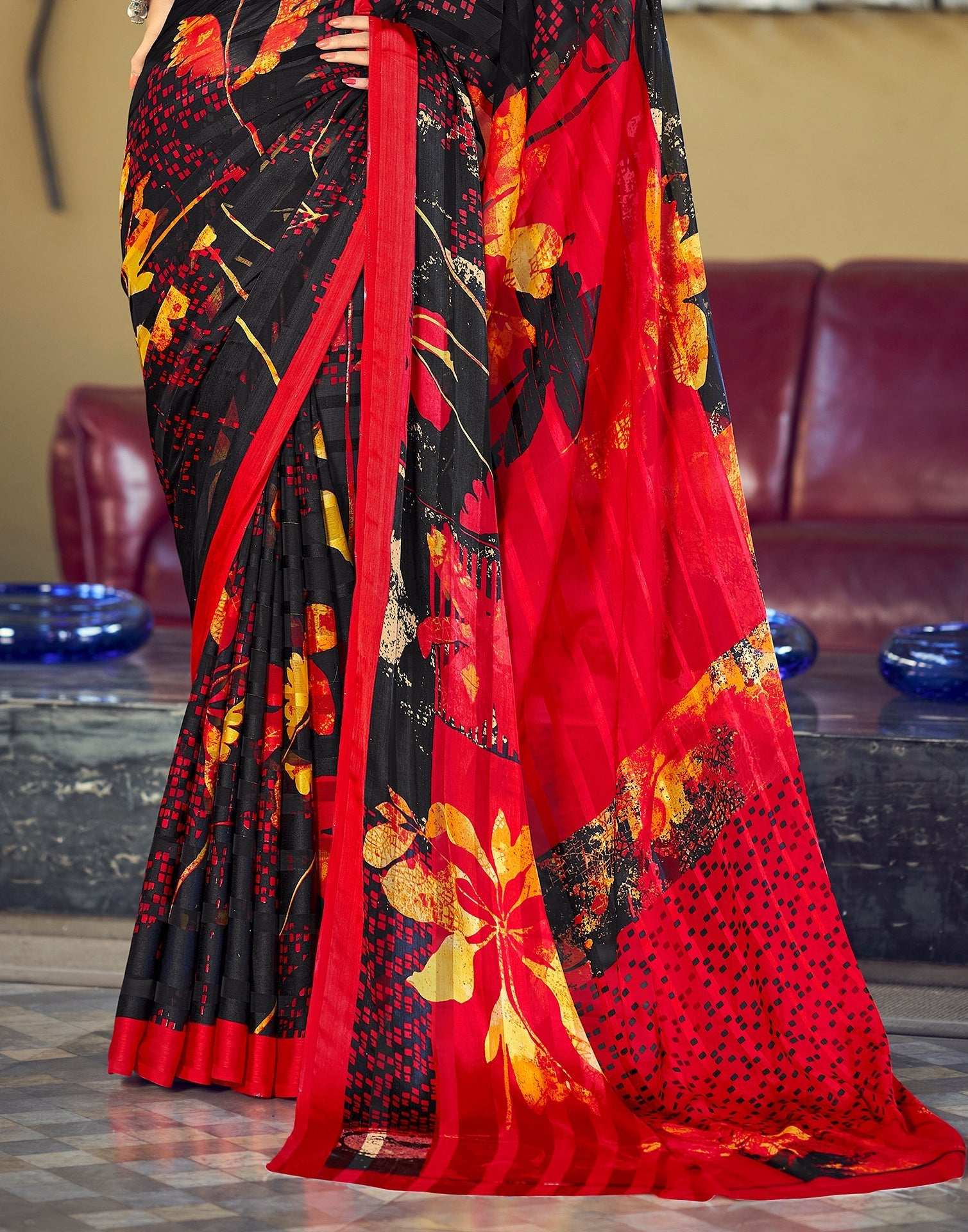 Black Printed Chiffon Saree | Sudathi