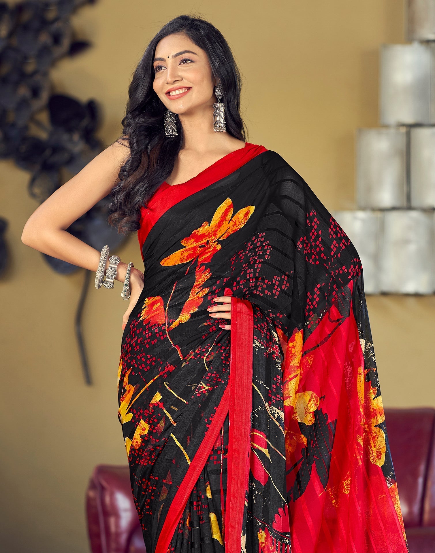Black Printed Chiffon Saree | Sudathi