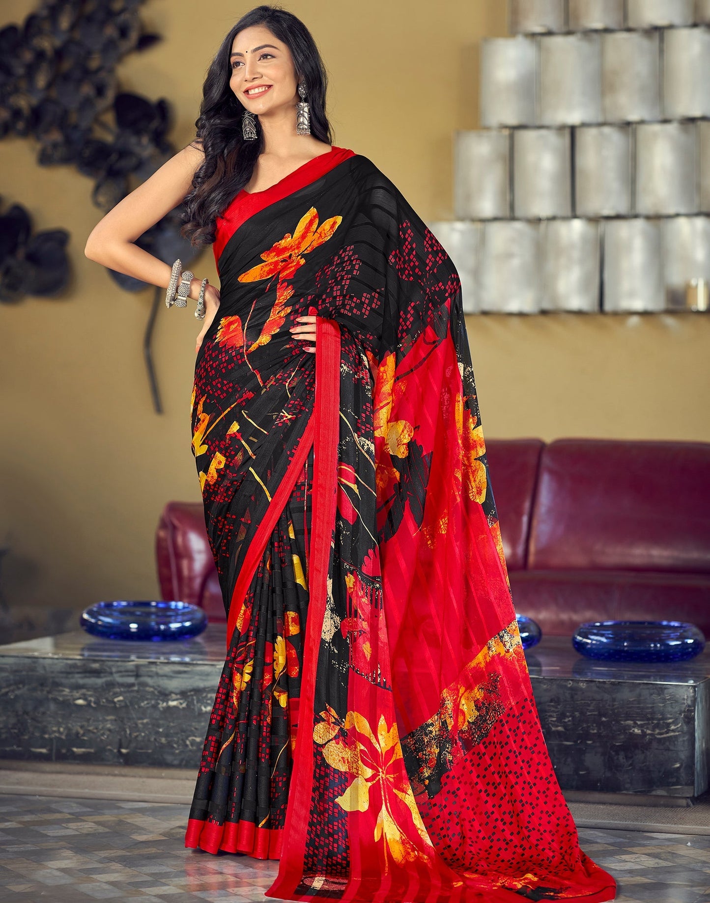 Black Printed Chiffon Saree | Sudathi