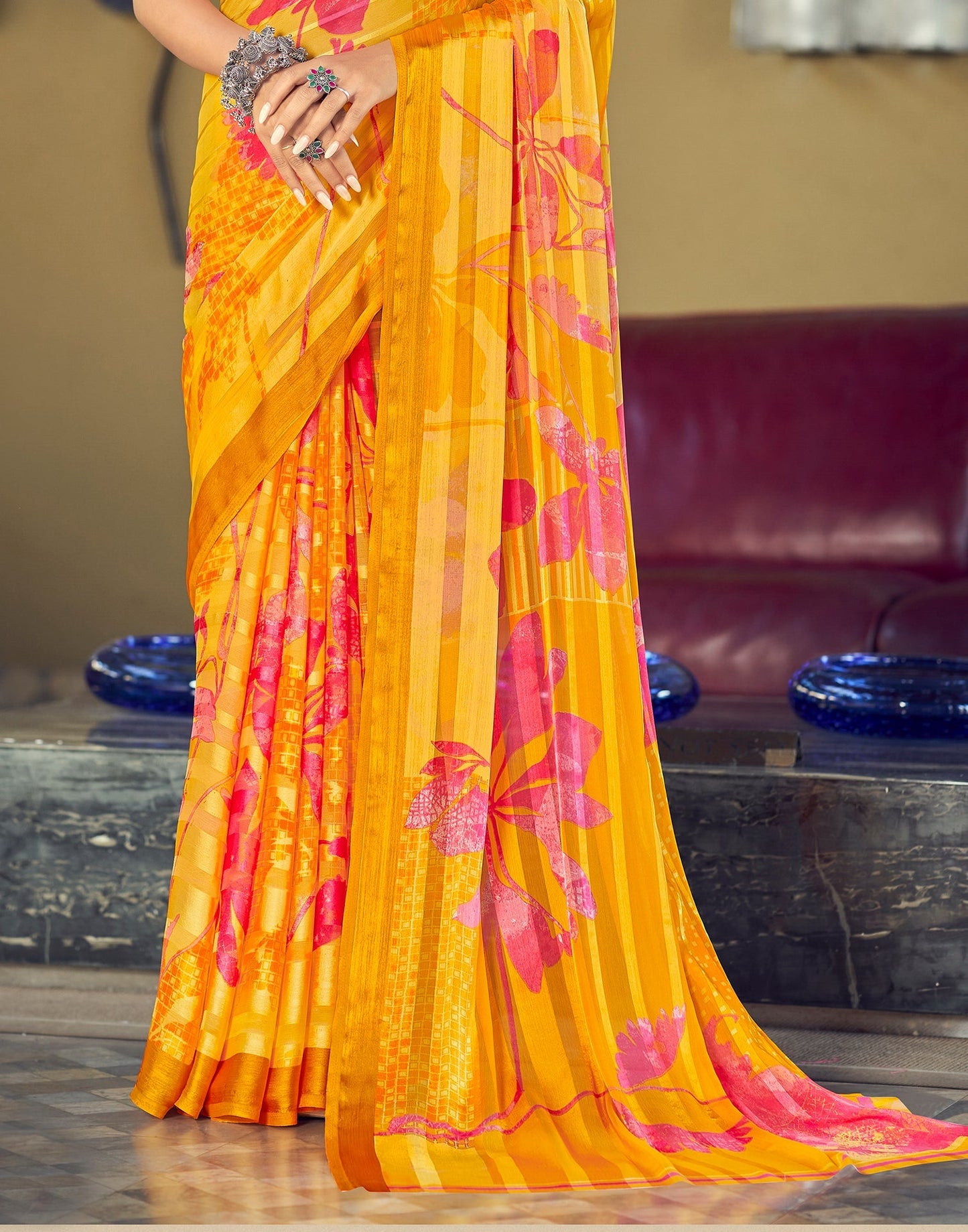 Yellow Printed Chiffon Saree | Sudathi