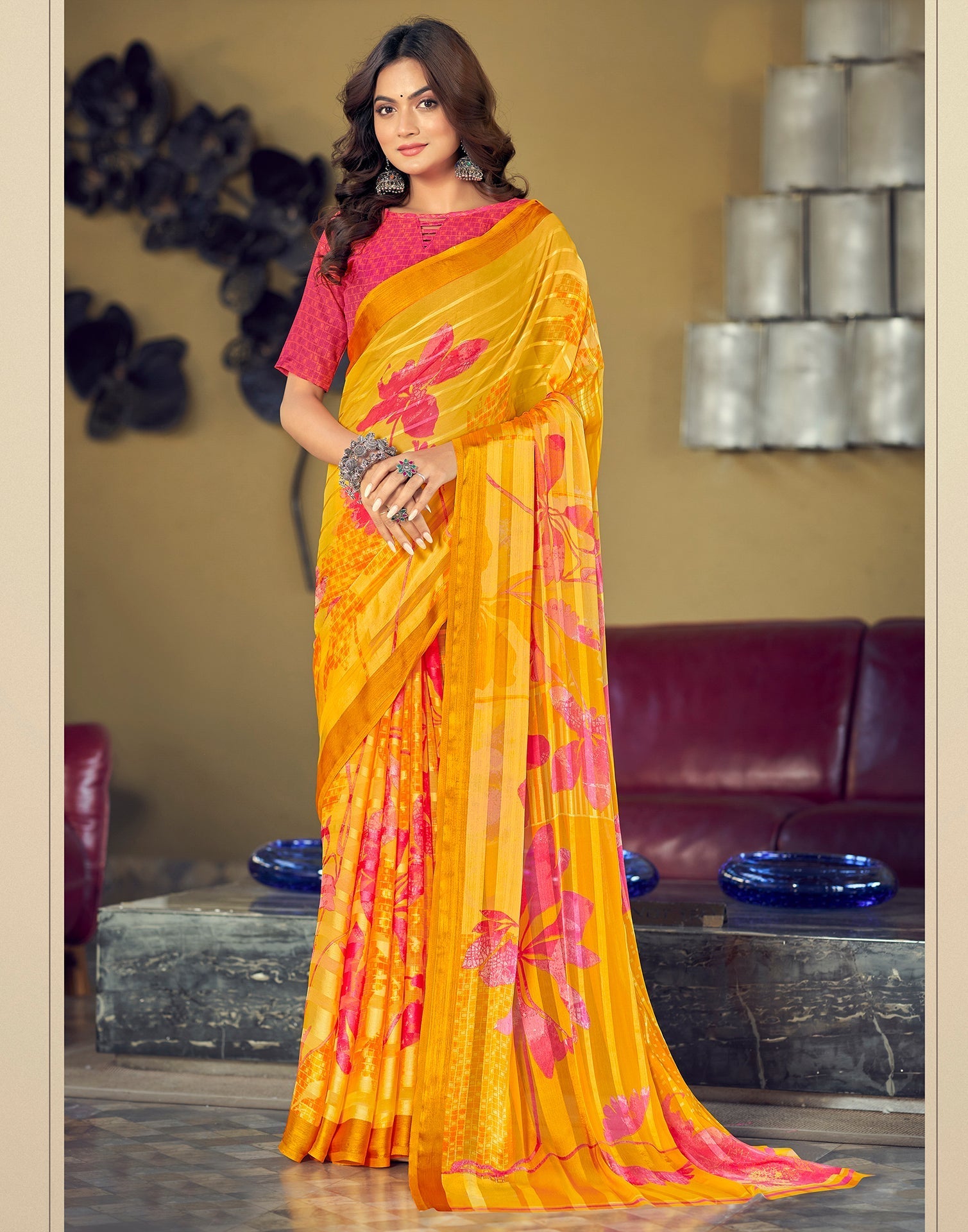 Yellow Printed Chiffon Saree | Sudathi