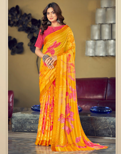 Yellow Printed Chiffon Saree | Sudathi