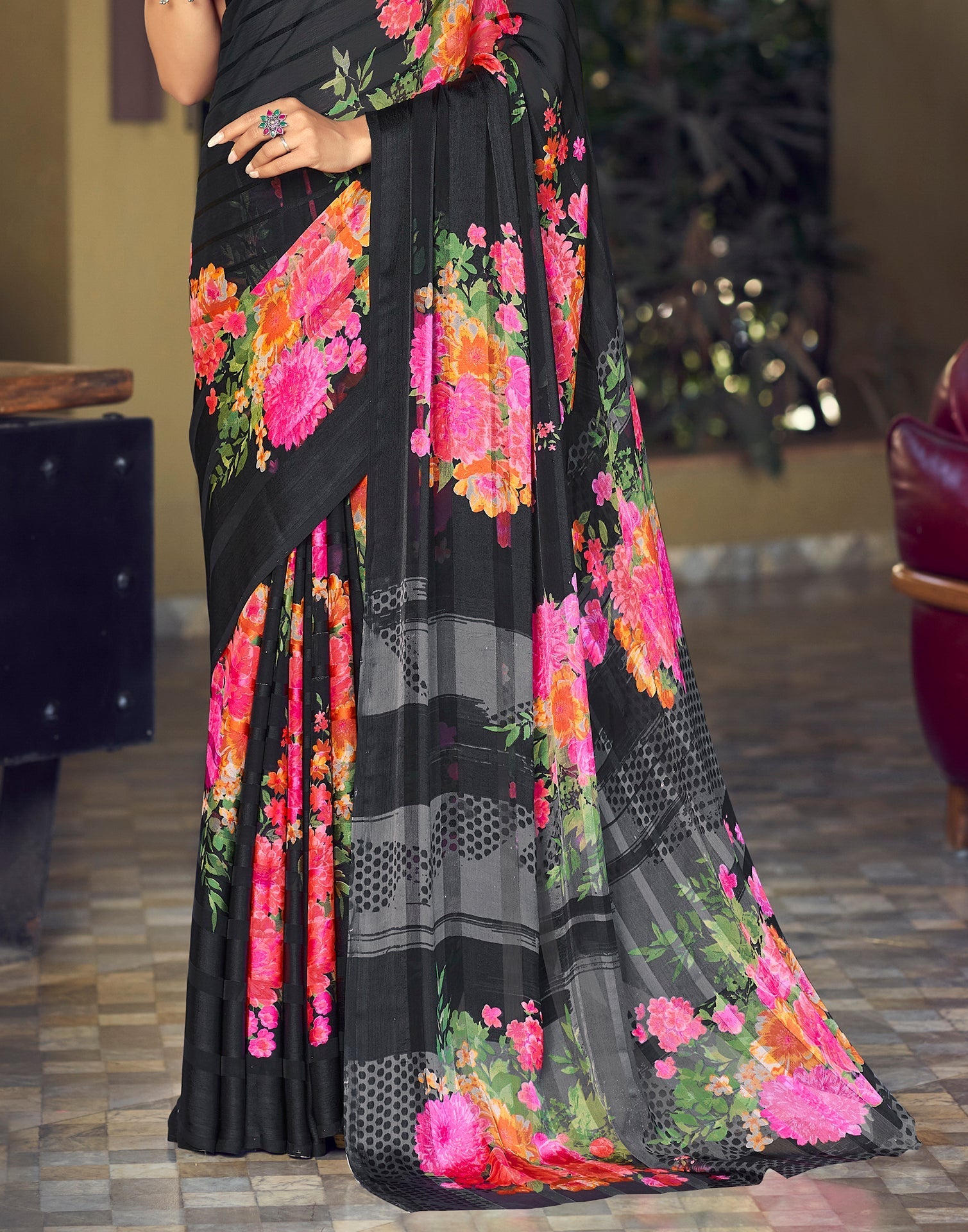 Black Printed Chiffon Saree | Sudathi