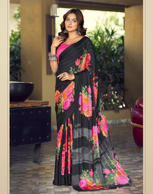 Black Printed Chiffon Saree | Sudathi