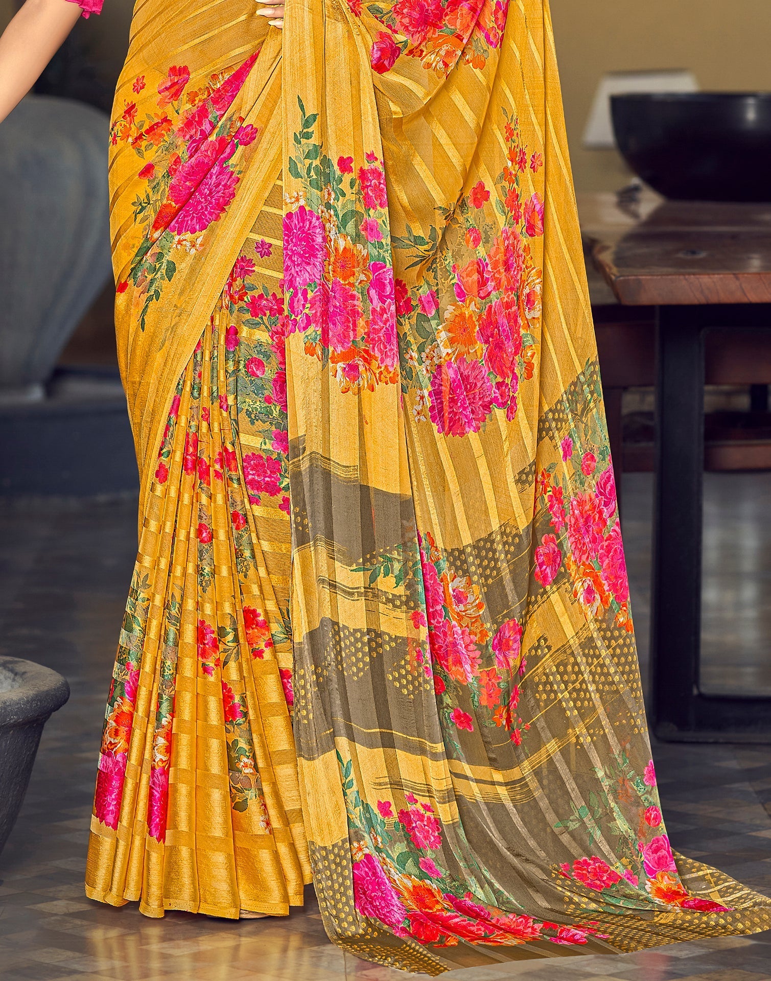 Yellow Printed Chiffon Saree | Sudathi