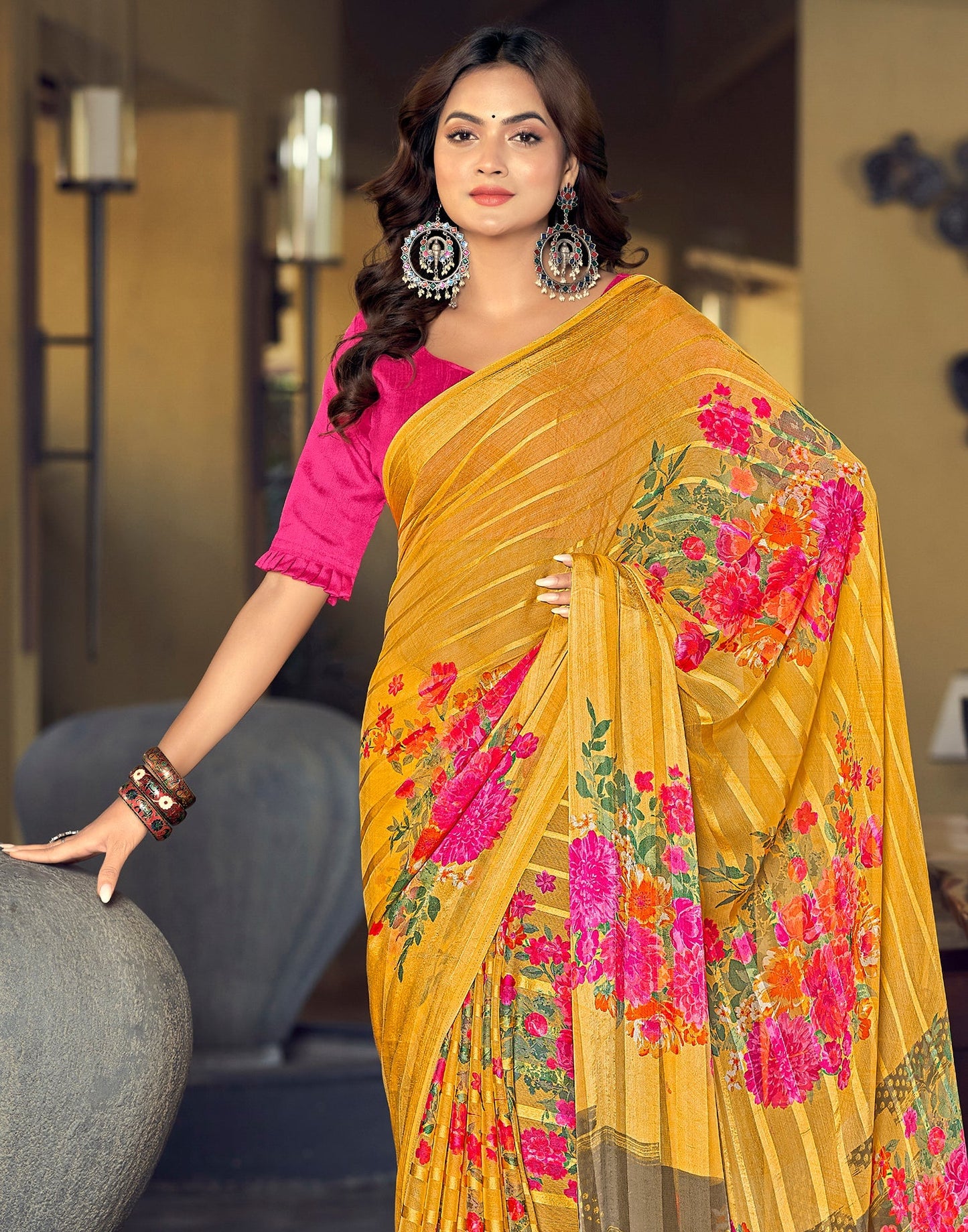 Yellow Printed Chiffon Saree | Sudathi