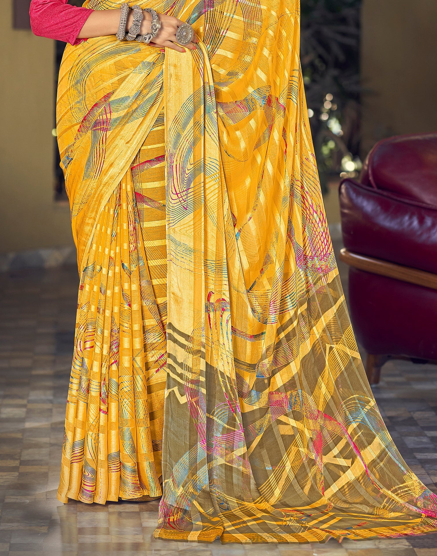 Yellow Printed Chiffon Saree | Sudathi