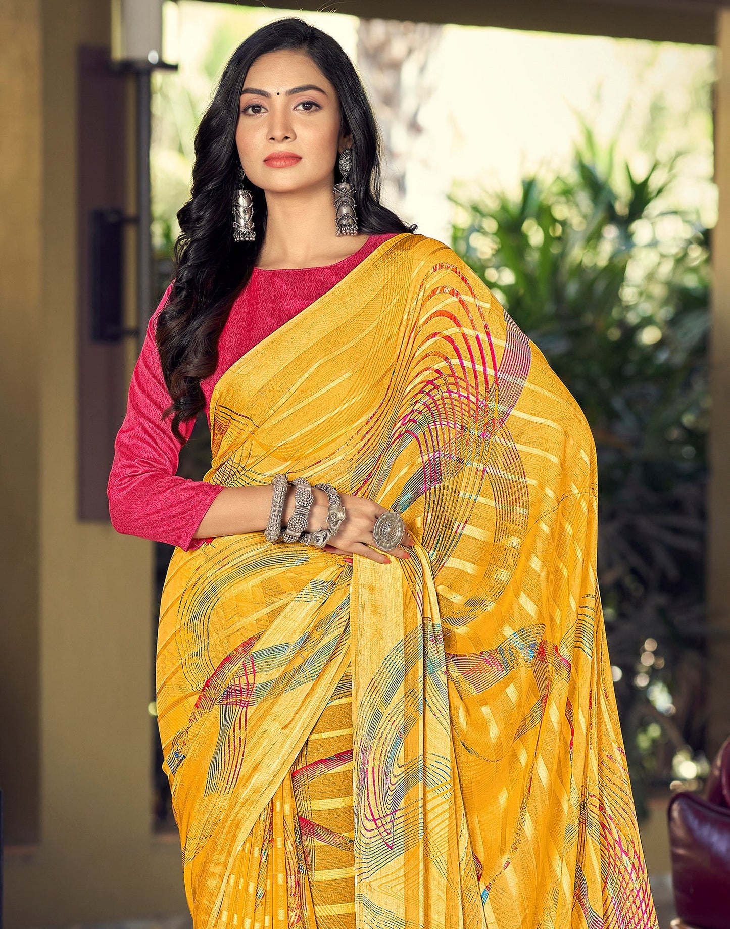 Yellow Printed Chiffon Saree | Sudathi