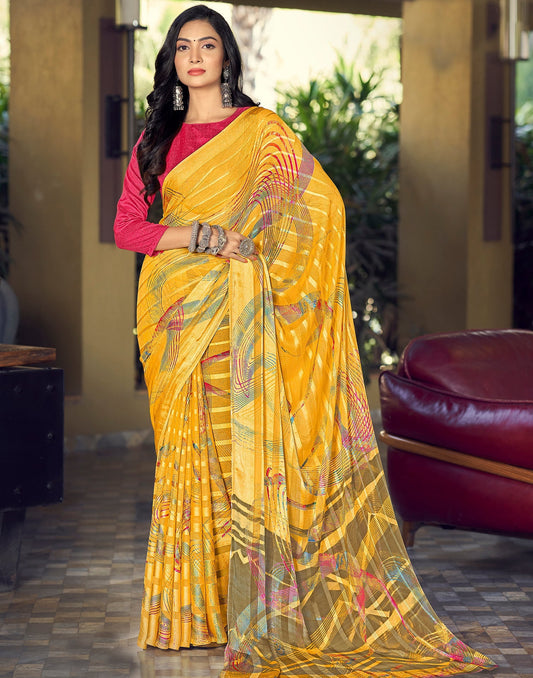 Yellow Printed Chiffon Saree | Sudathi