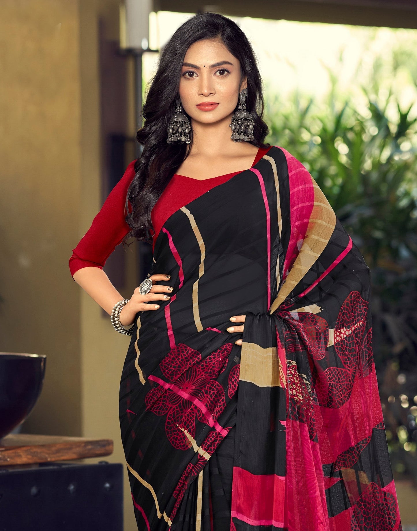 Black Printed Chiffon Saree | Sudathi