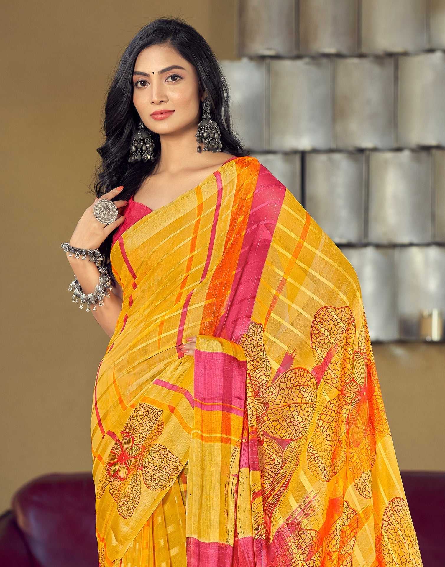 Yellow Printed Chiffon Saree | Sudathi