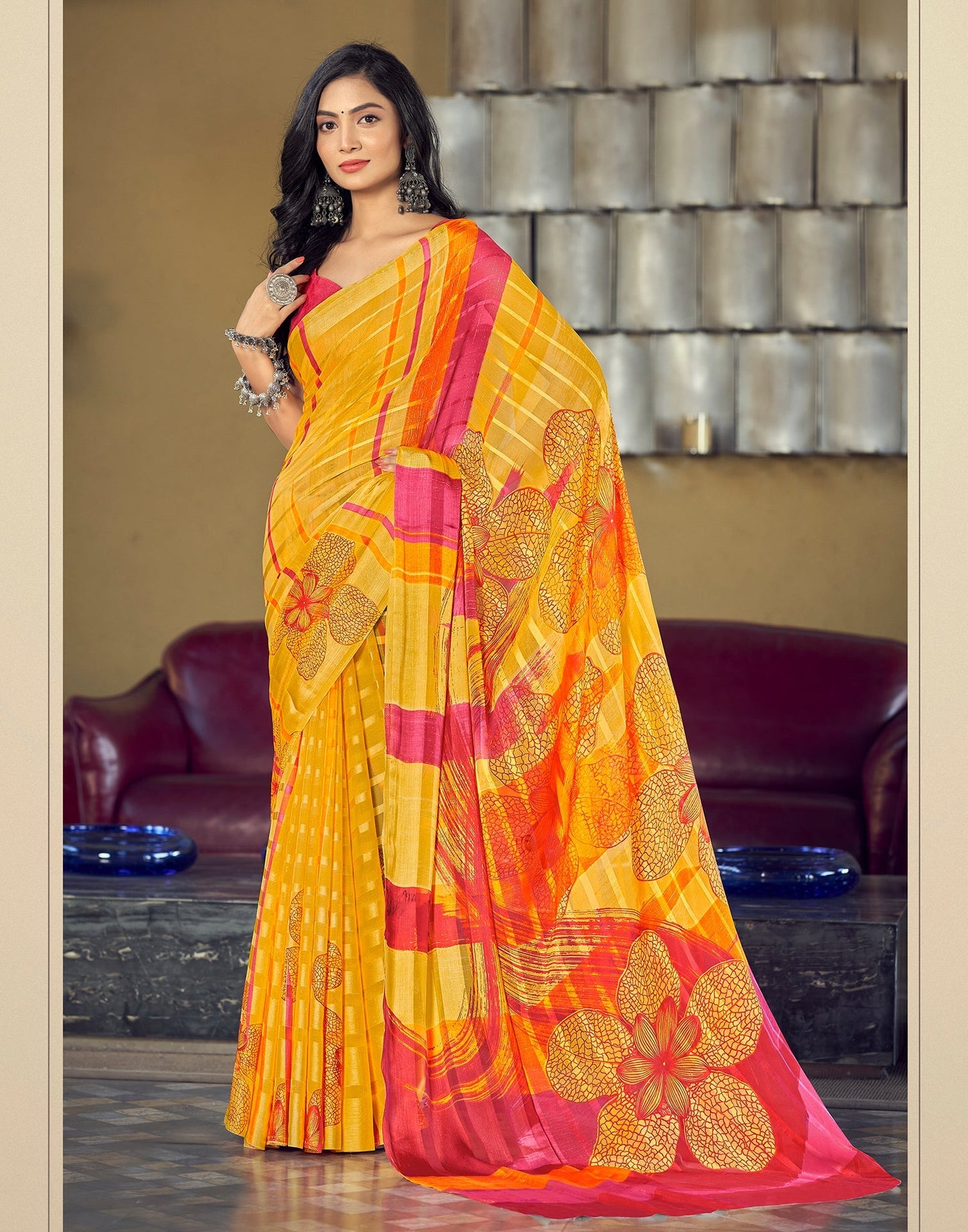 Yellow Printed Chiffon Saree | Sudathi