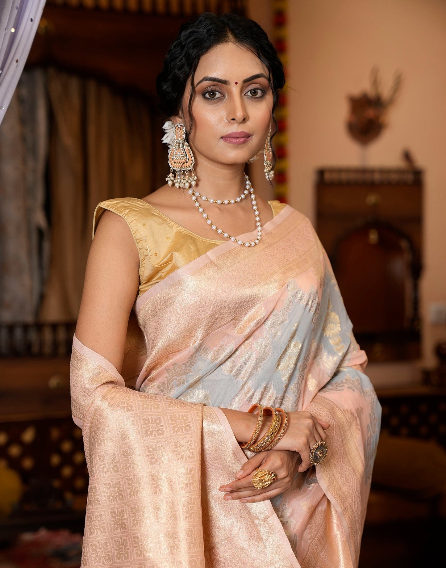 Peach Banarasi Silk Saree | Leemboodi