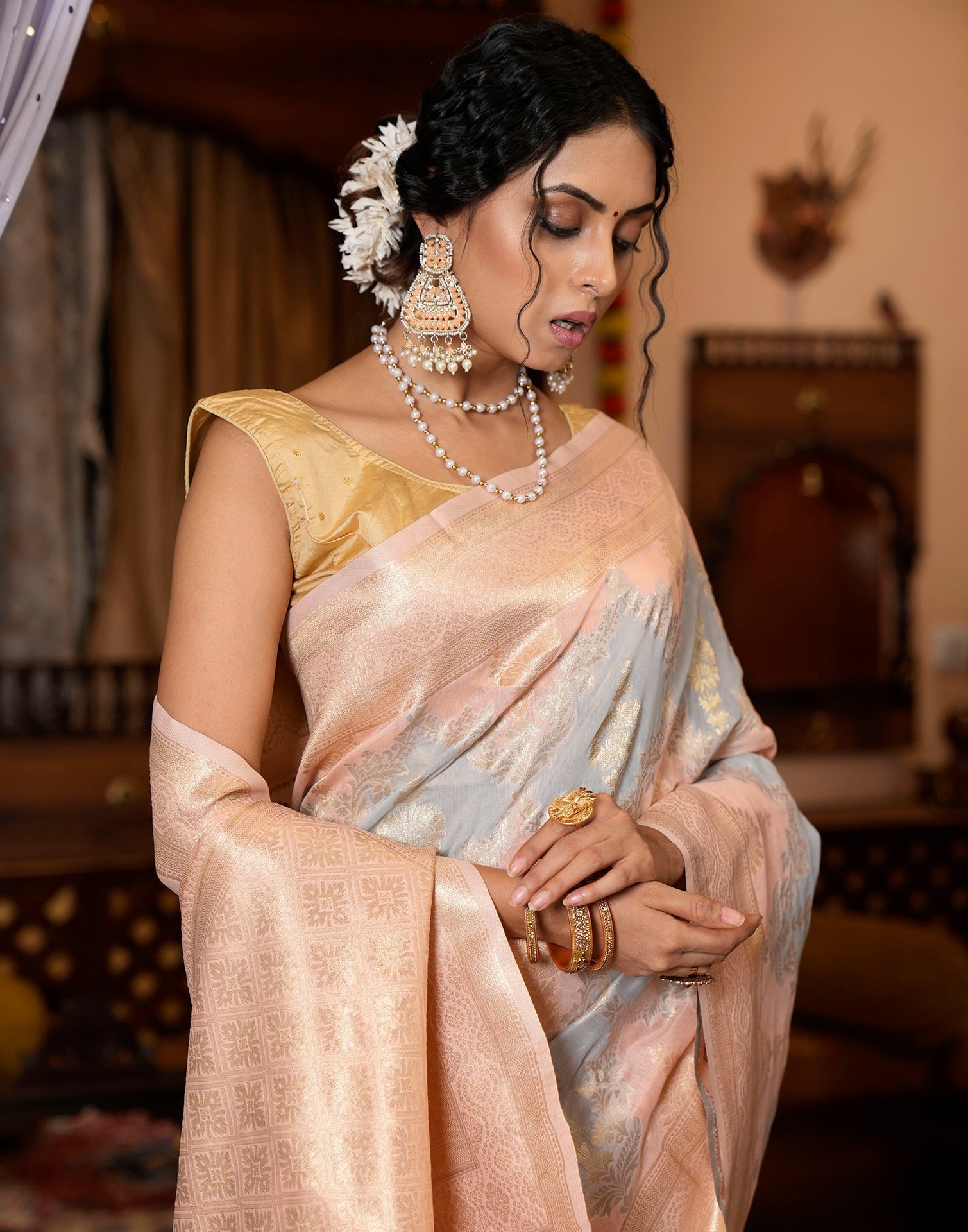 Peach Banarasi Silk Saree | Leemboodi