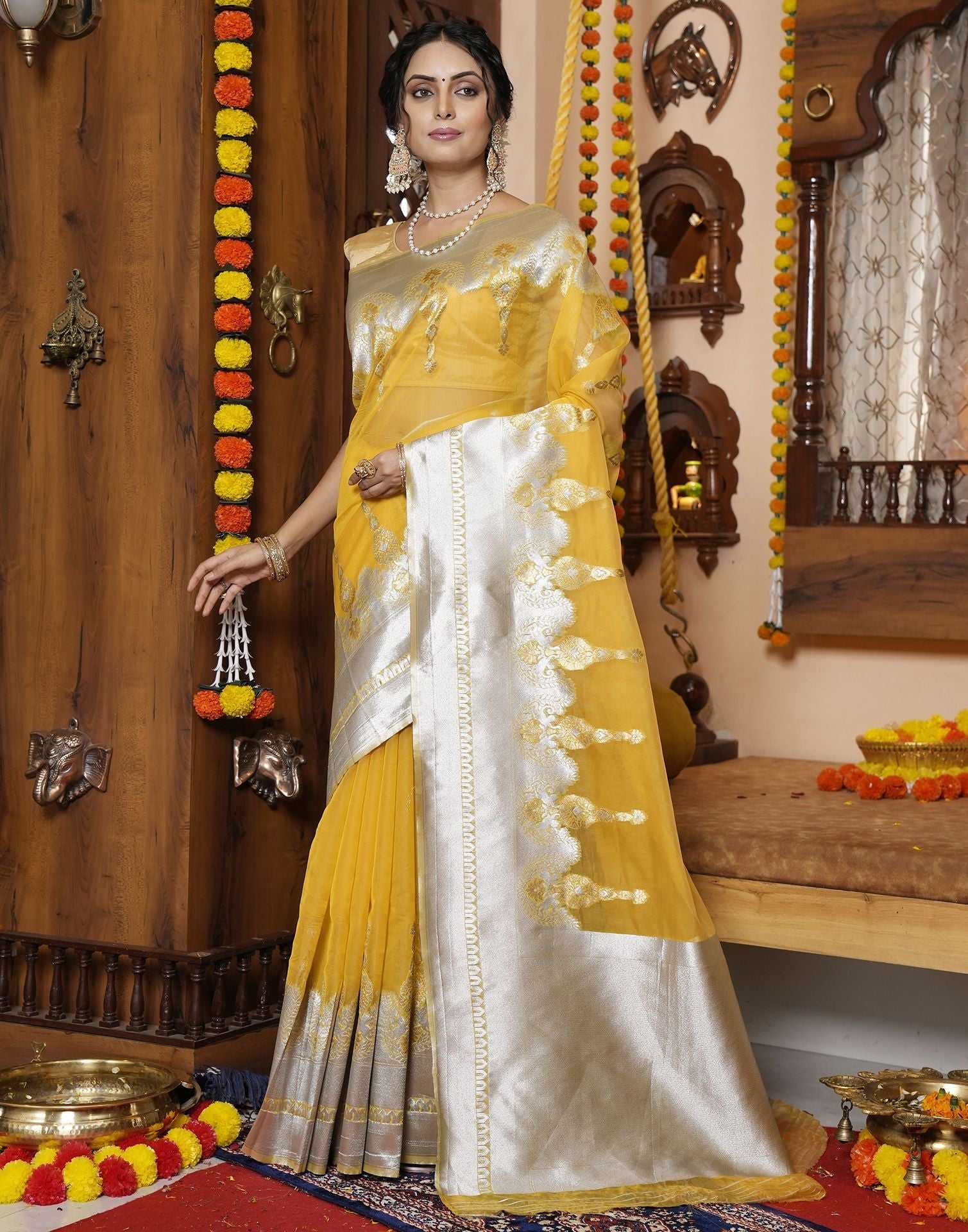 Mustard Yellow Organza Saree | Leemboodi