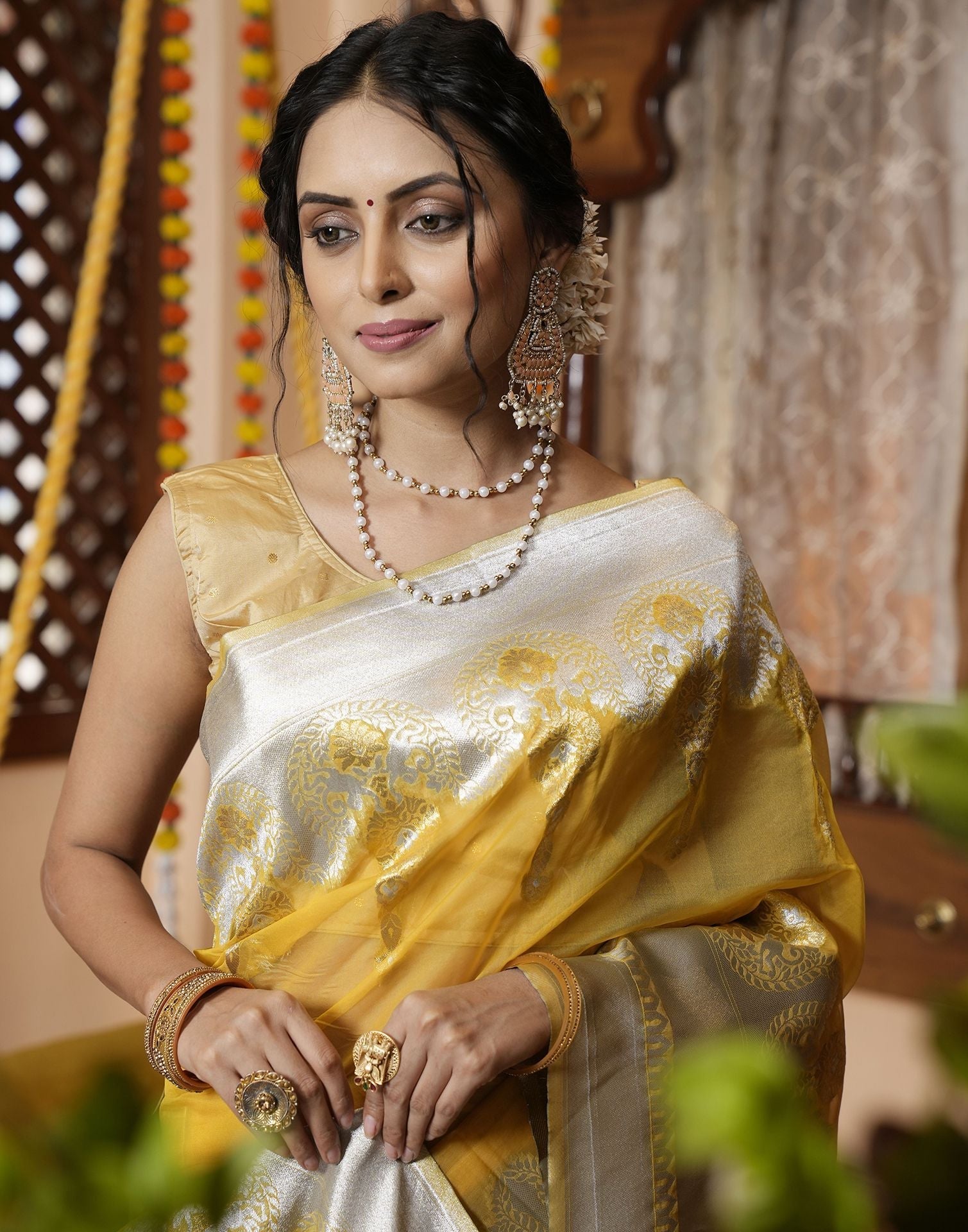 Mustard Yellow Organza Saree | Leemboodi
