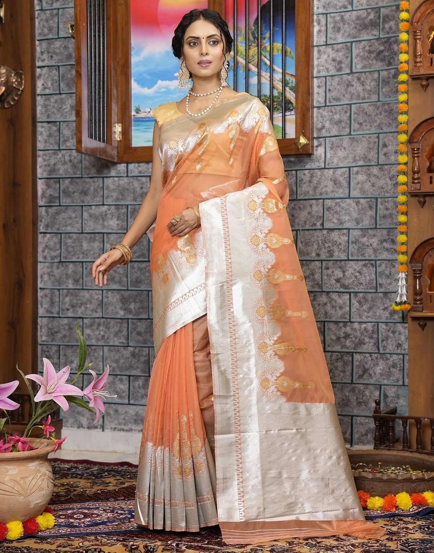 Peach Organza Saree | Leemboodi