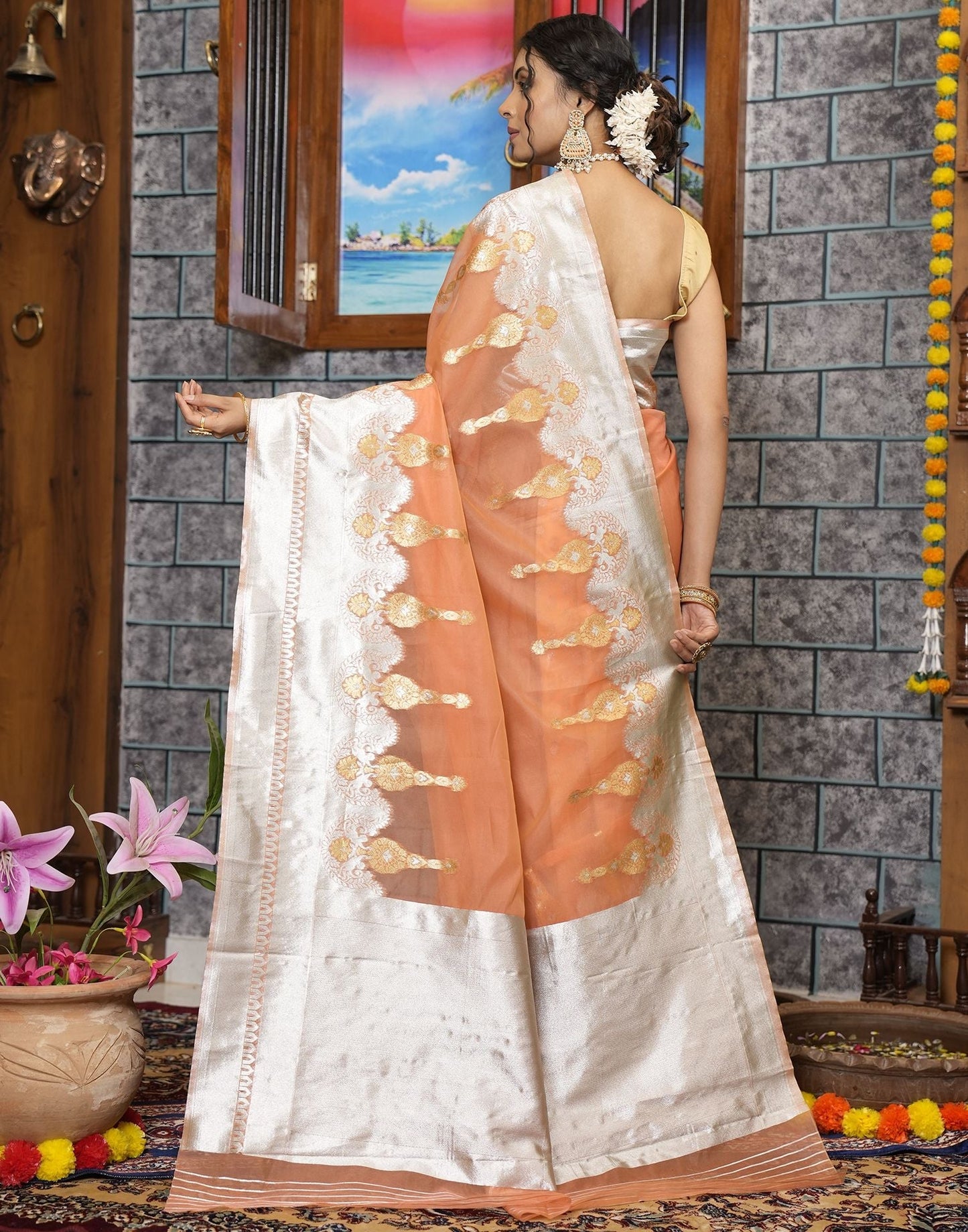 Peach Organza Saree | Leemboodi