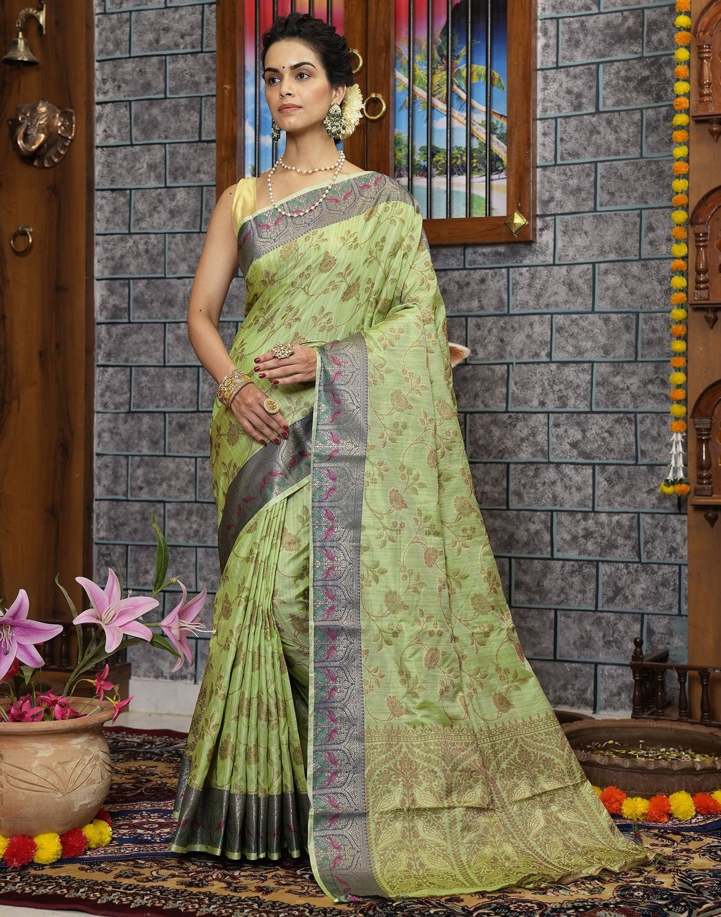 Pista Green Banarasi Silk Saree | Leemboodi