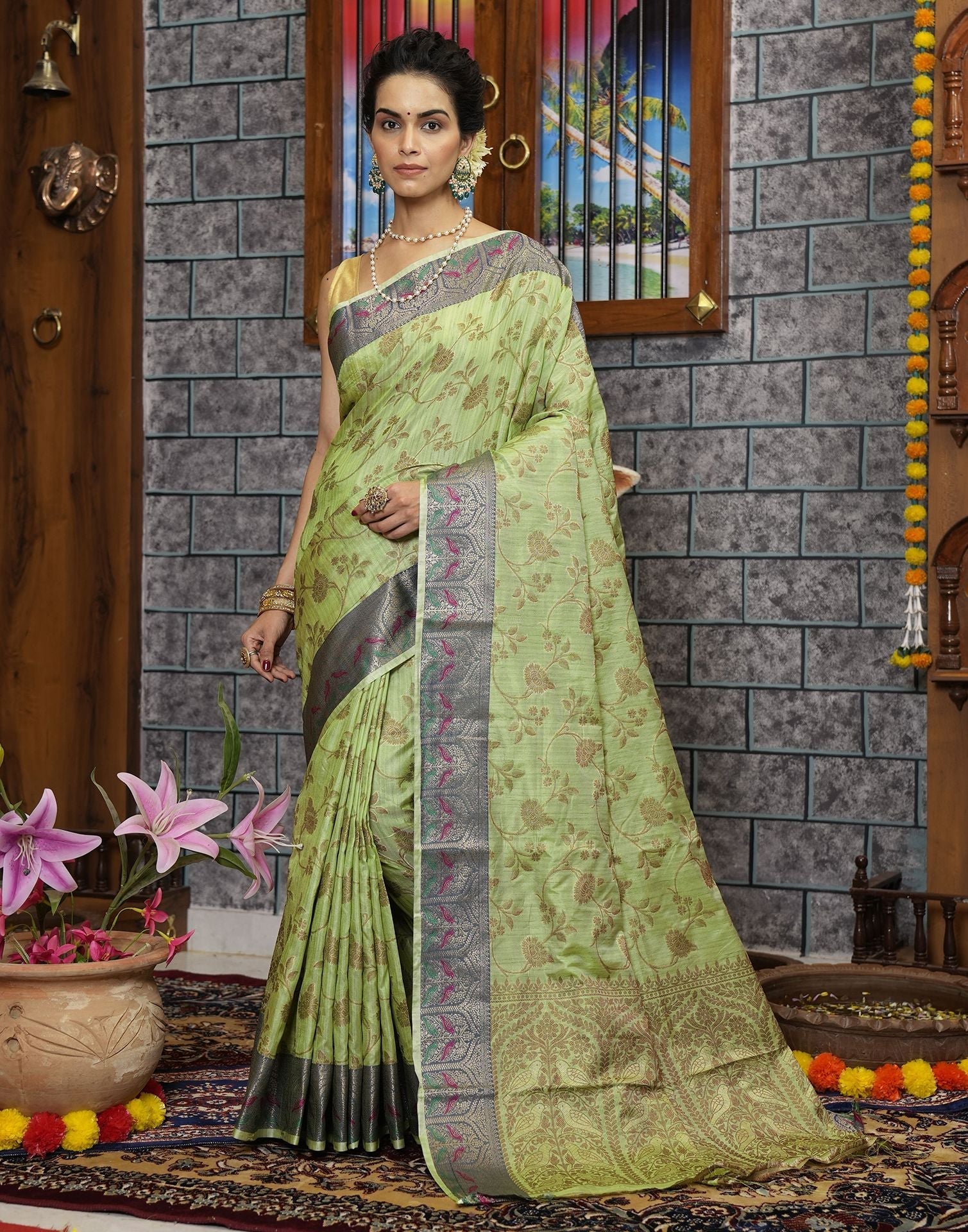 Pista Green Banarasi Silk Saree | Leemboodi