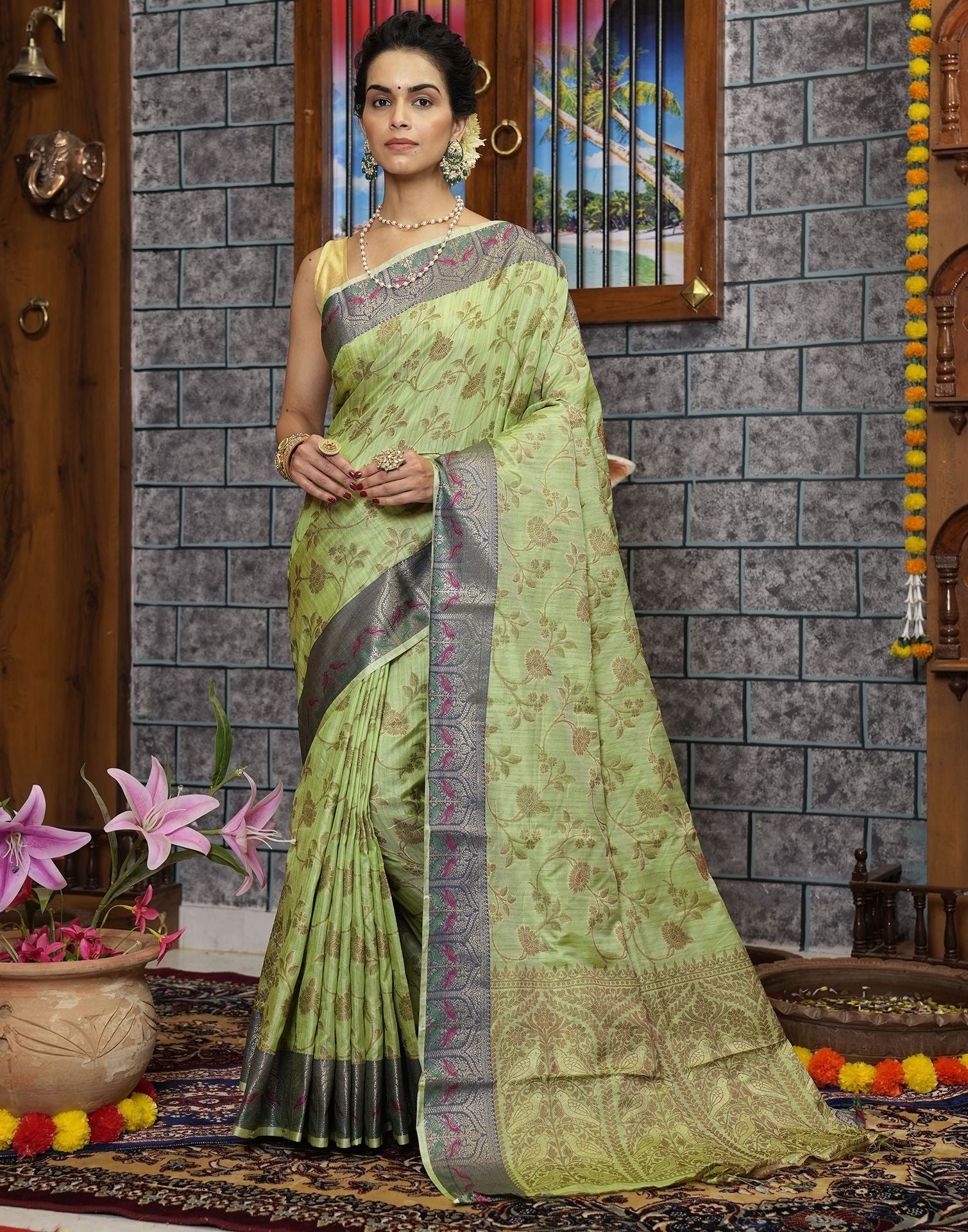 Pista Green Banarasi Silk Saree | Leemboodi